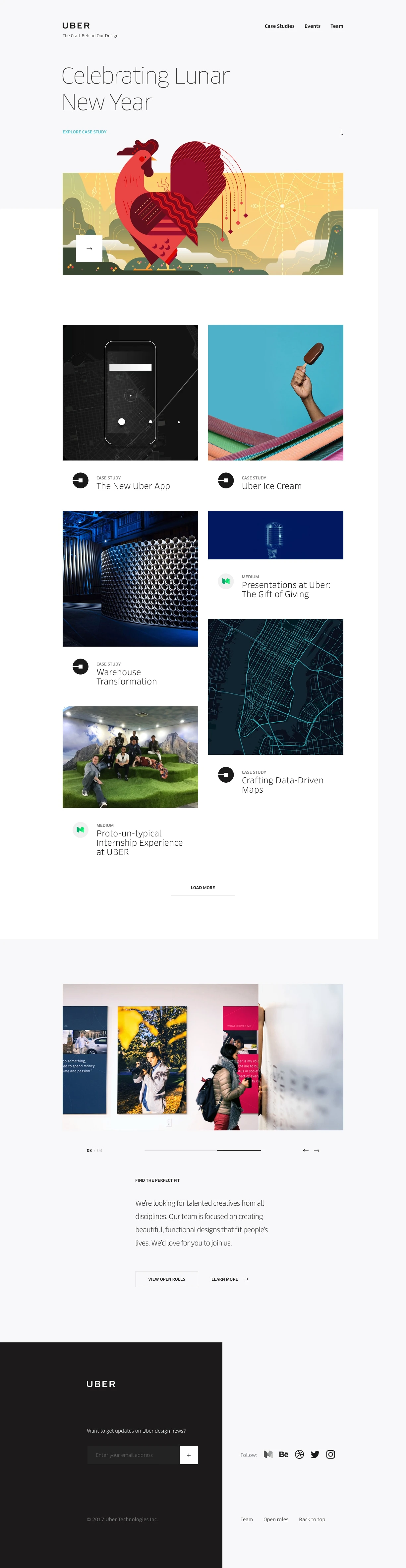 Uber Design Landing Page Example: At Uber, we’re passionate about art and design. Are you? Check out open art and design positions.