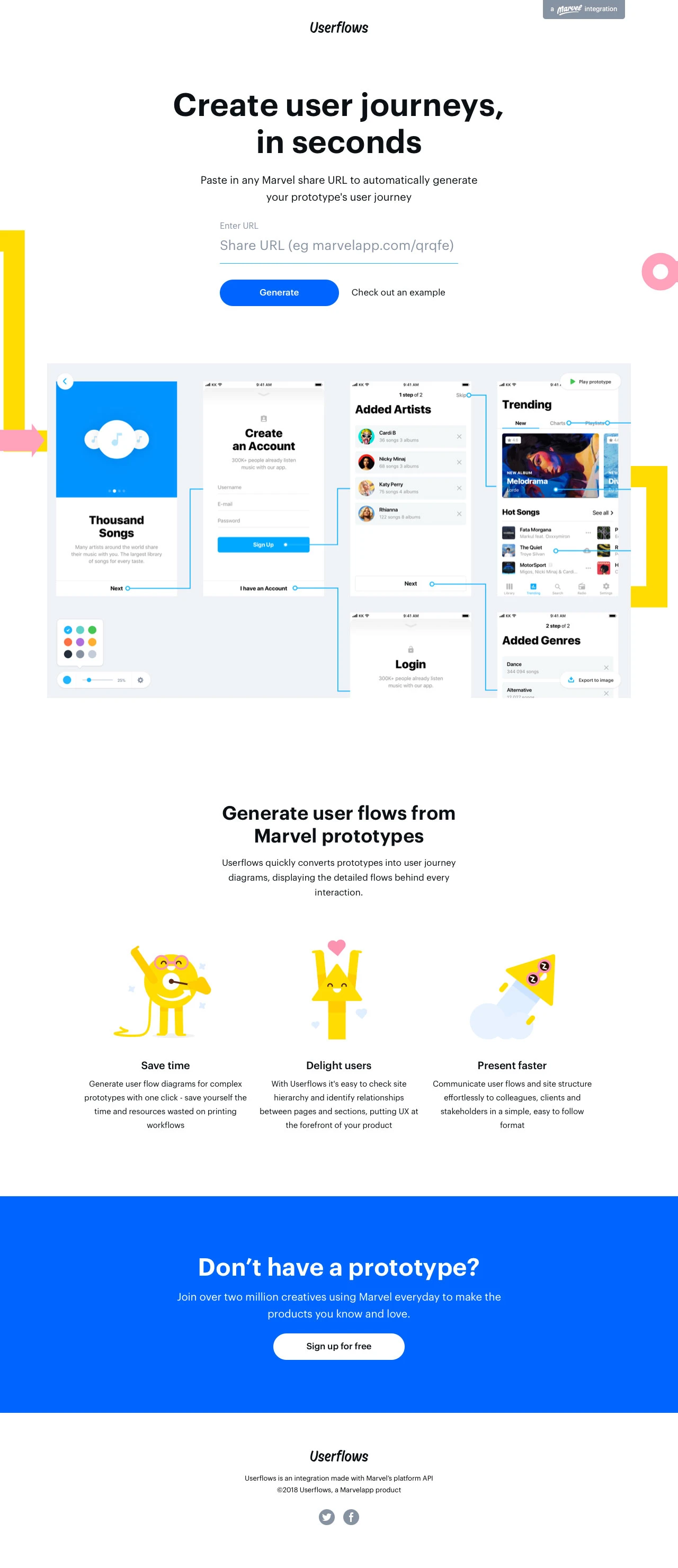 Userflows Landing Page Example: Create user flows and journey maps from Marvel prototypes