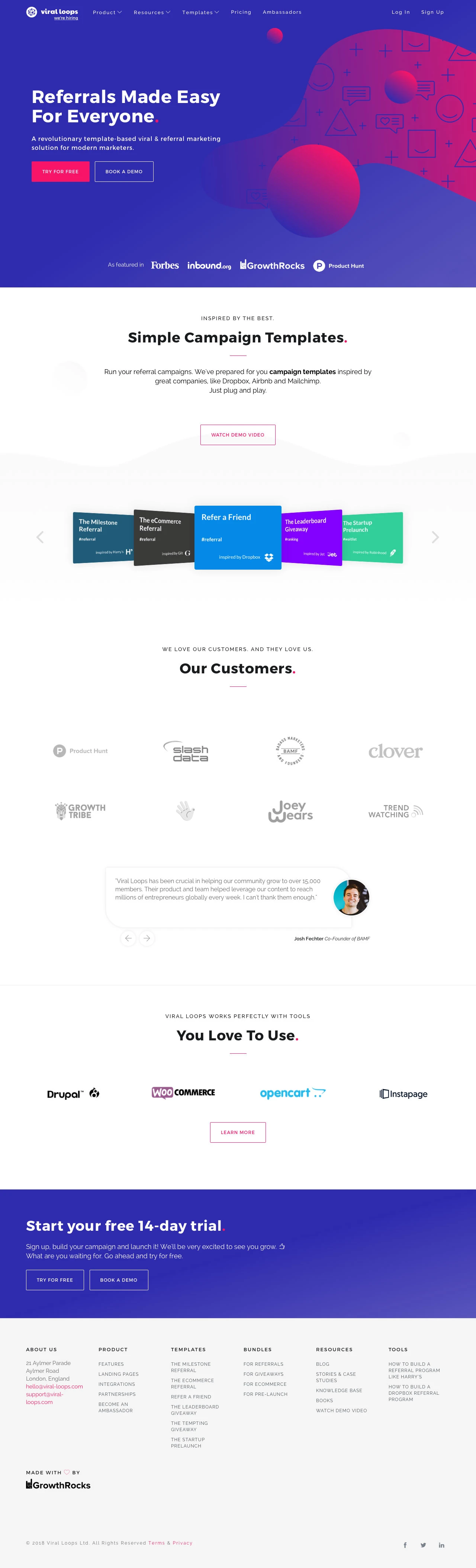 Viral Loops Landing Page Example: Viral Loops is a viral and referral marketing platform to launch ranking competitions, sweepstakes, pre-launch and referral programs.