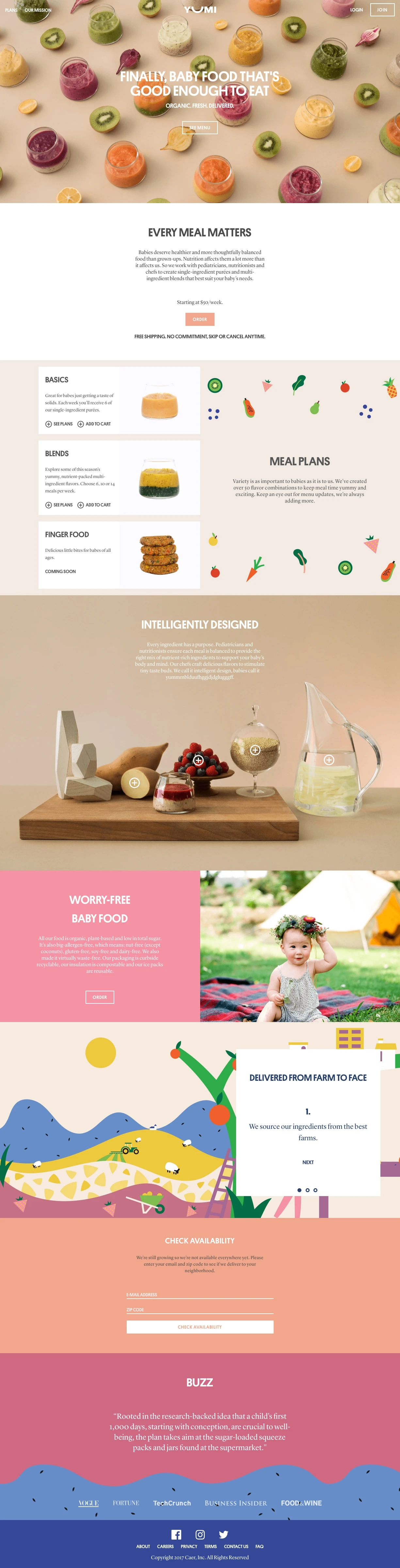 Yumi Landing Page Example: Fresh, organic and nutritious baby food delivered to your home weekly. No sugar added, ever.