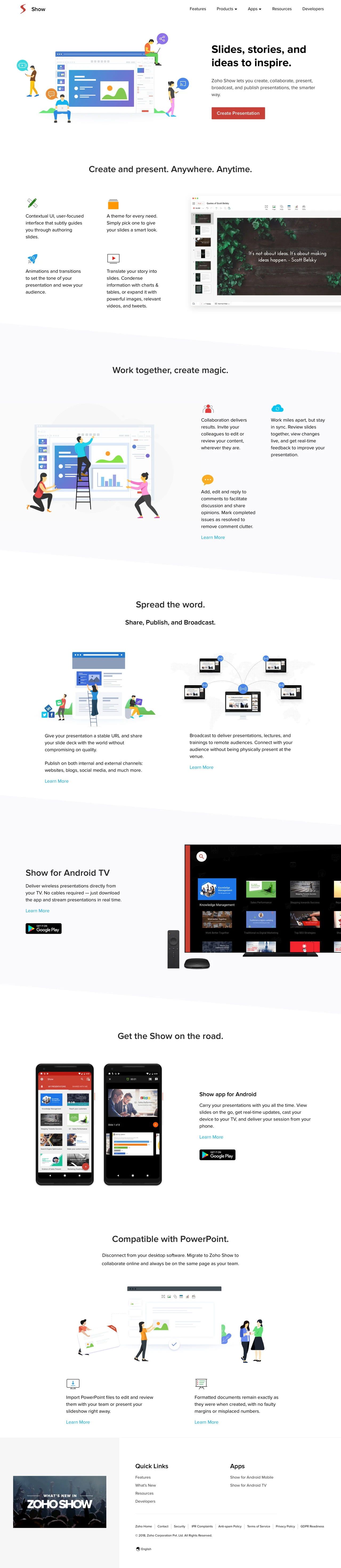 Zoho Show Landing Page Example: Zoho Show is a free online presentation software that lets you create, collaborate, publish, and broadcast presentations from any device, quick and easy.