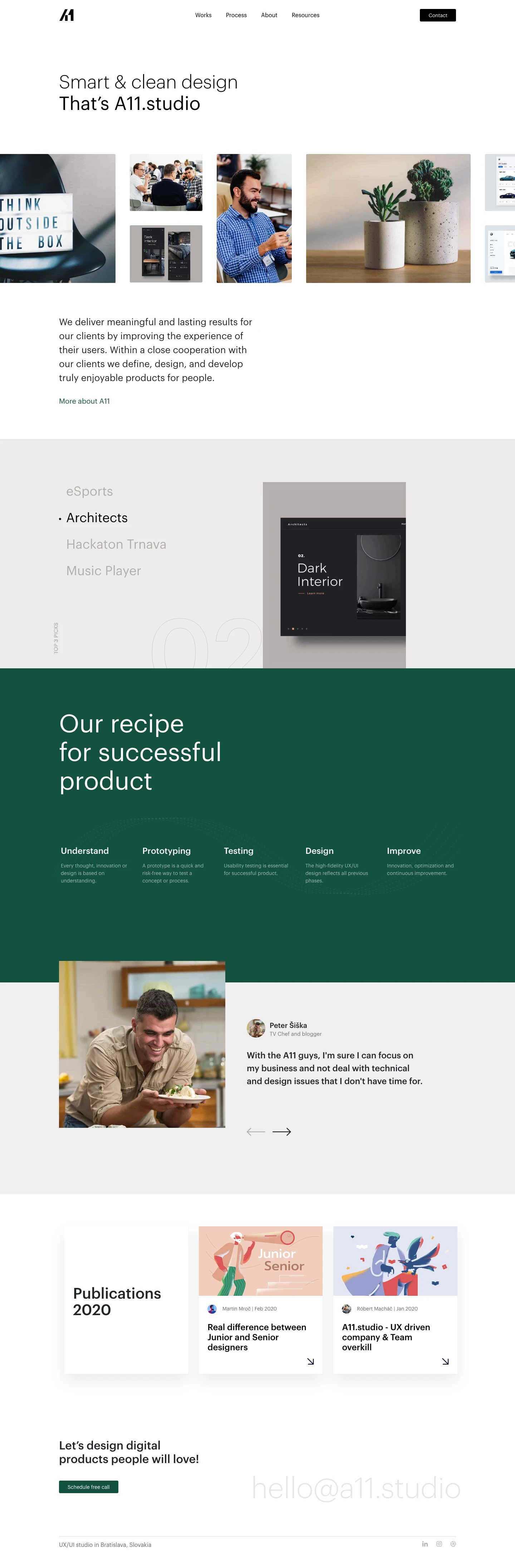 A11.studio Landing Page Example: We deliver meaningful and lasting results for our clients by improving the experience of their users. Within a close cooperation with our clients we define, design, and develop truly enjoyable products for people.