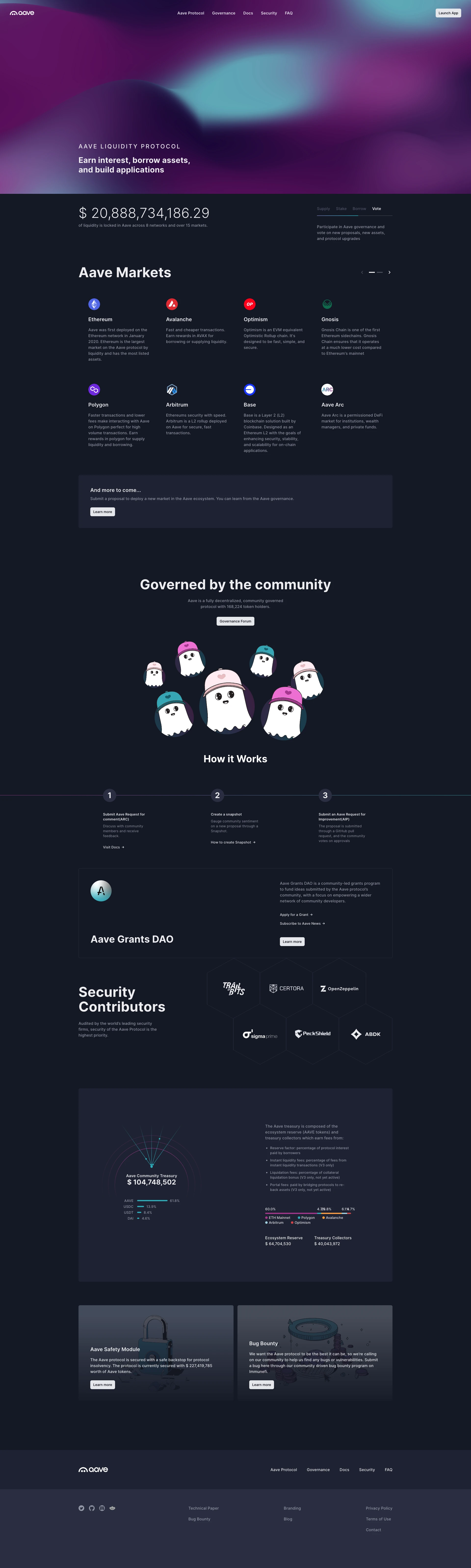 Aave Landing Page Example: Aave is an Open Source Protocol to create Non-Custodial Liquidity Markets to earn interest on supplying and borrowing assets with a variable interest rate. The protocol is designed for easy integration into your products and services.