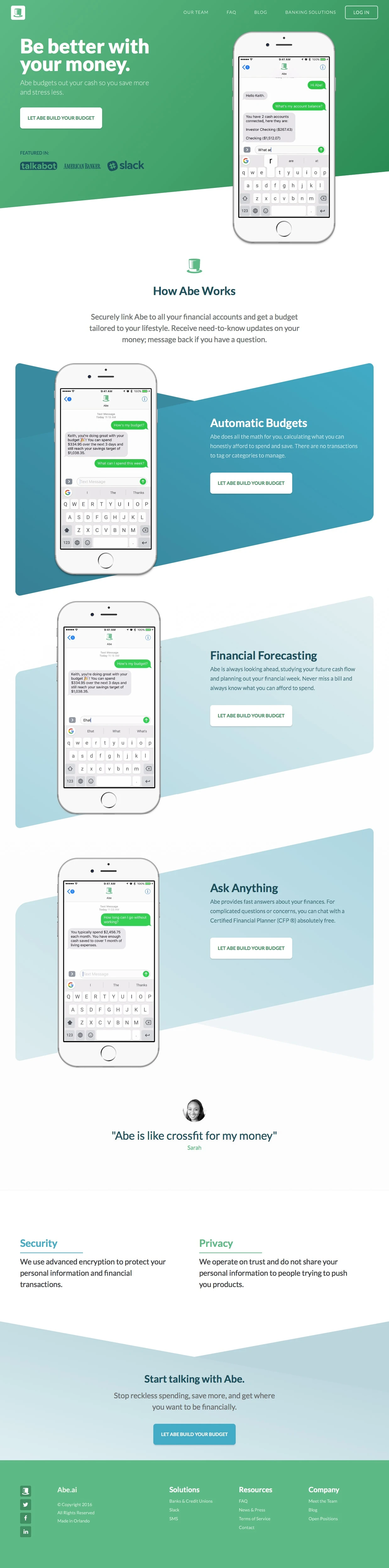 Abe Landing Page Example: A Financial Chatbot for Your Money