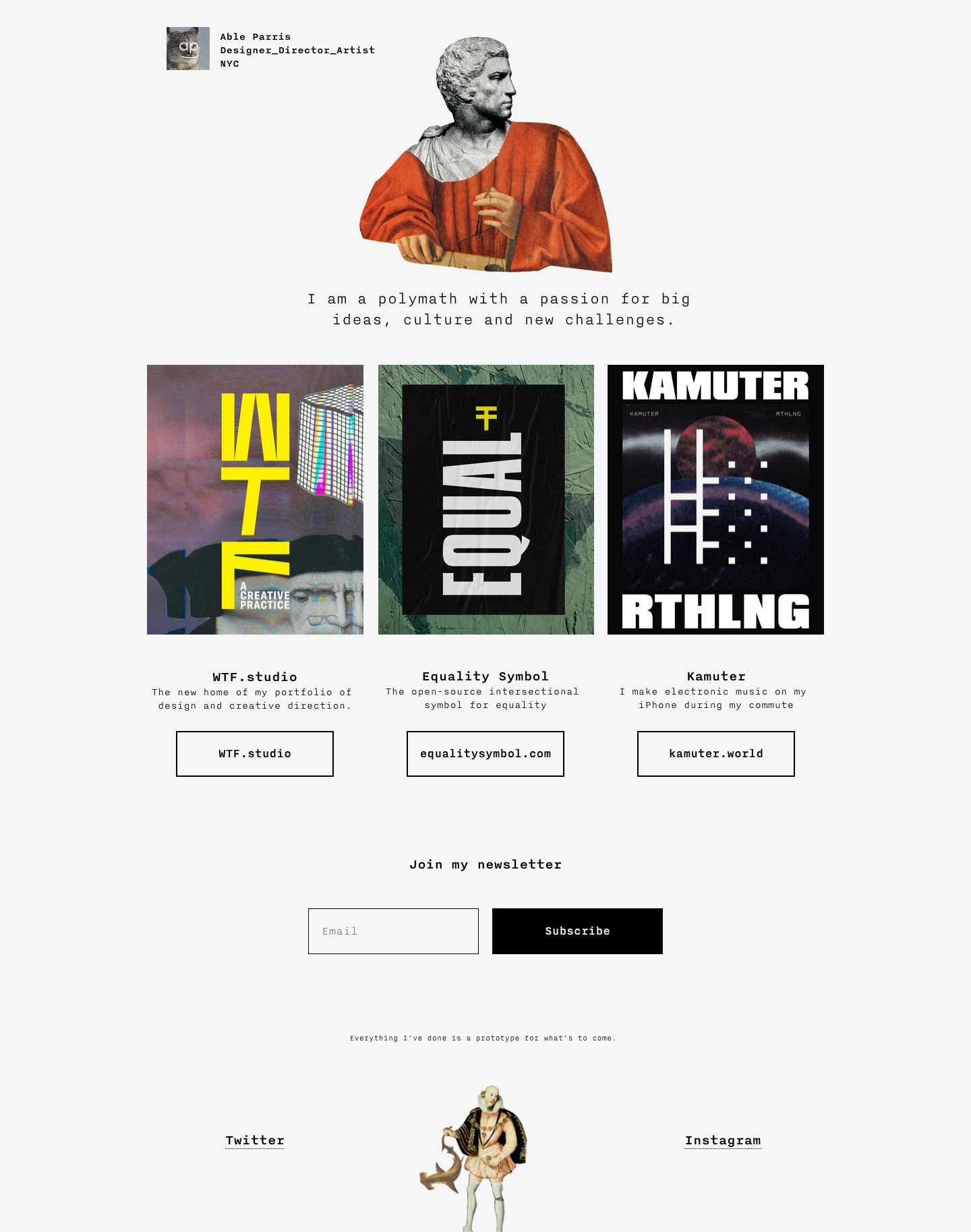 Able Parris Landing Page Example: I am a polymath with a passion for big ideas, culture and new challenges.