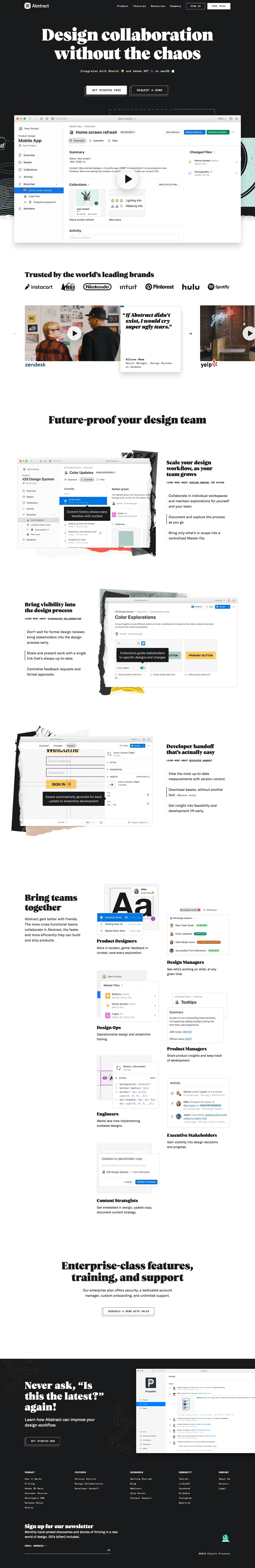 Abstract Landing Page Example: Bring git-inspired version control & collaboration to your design team. Centralize design decisions, feedback, and files. Integrates with Sketch & Adobe XD.