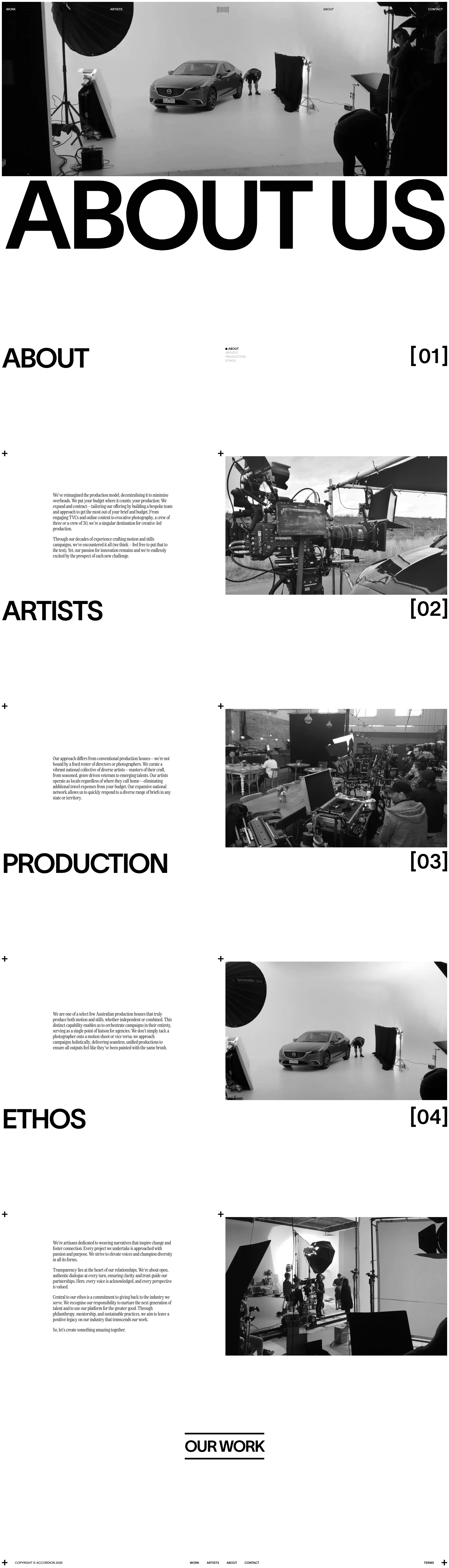 Accordion Landing Page Example: A production company. We're a tight-knit collective of artists and creative minds dedicated to crafting unique film and photographic works that entertain and engage.