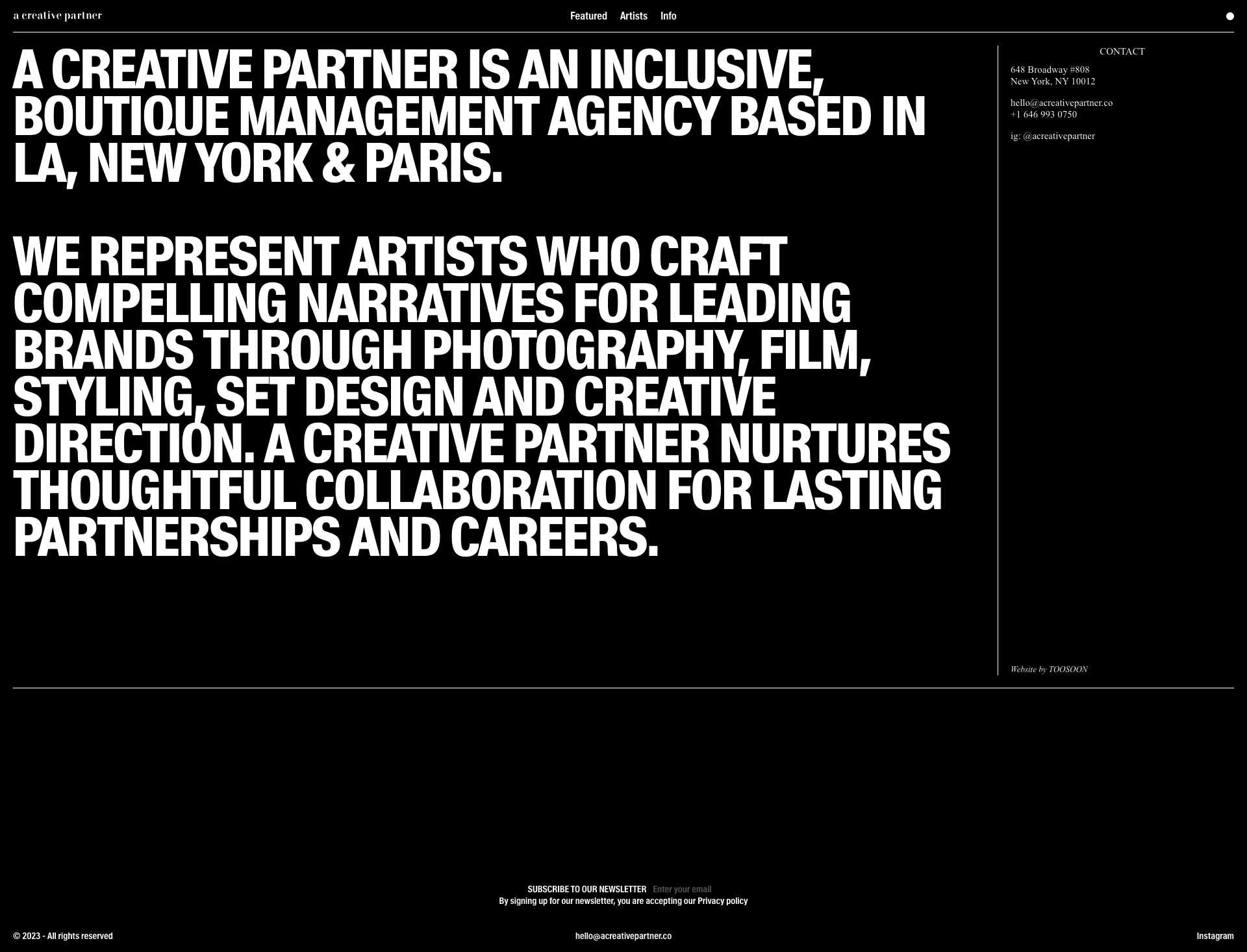 A Creative Partner Landing Page Example: A Creative Partner is an inclusive, boutique management agency based in LA, New York & Paris. 