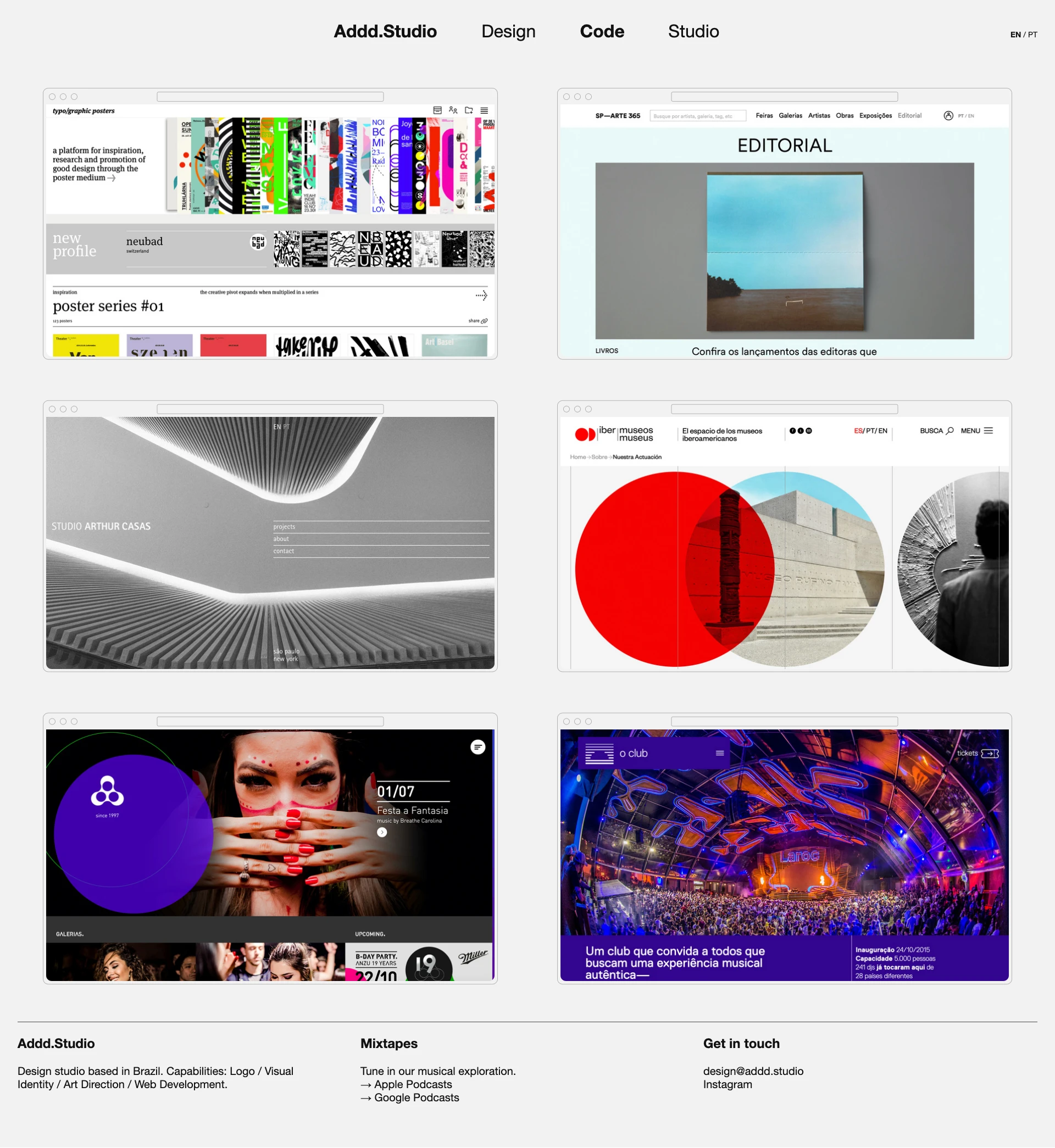 Addd.Studio Landing Page Example: Design studio based in Brazil. Capabilities: Logo / Visual Identity / Art Direction / Web Development.
