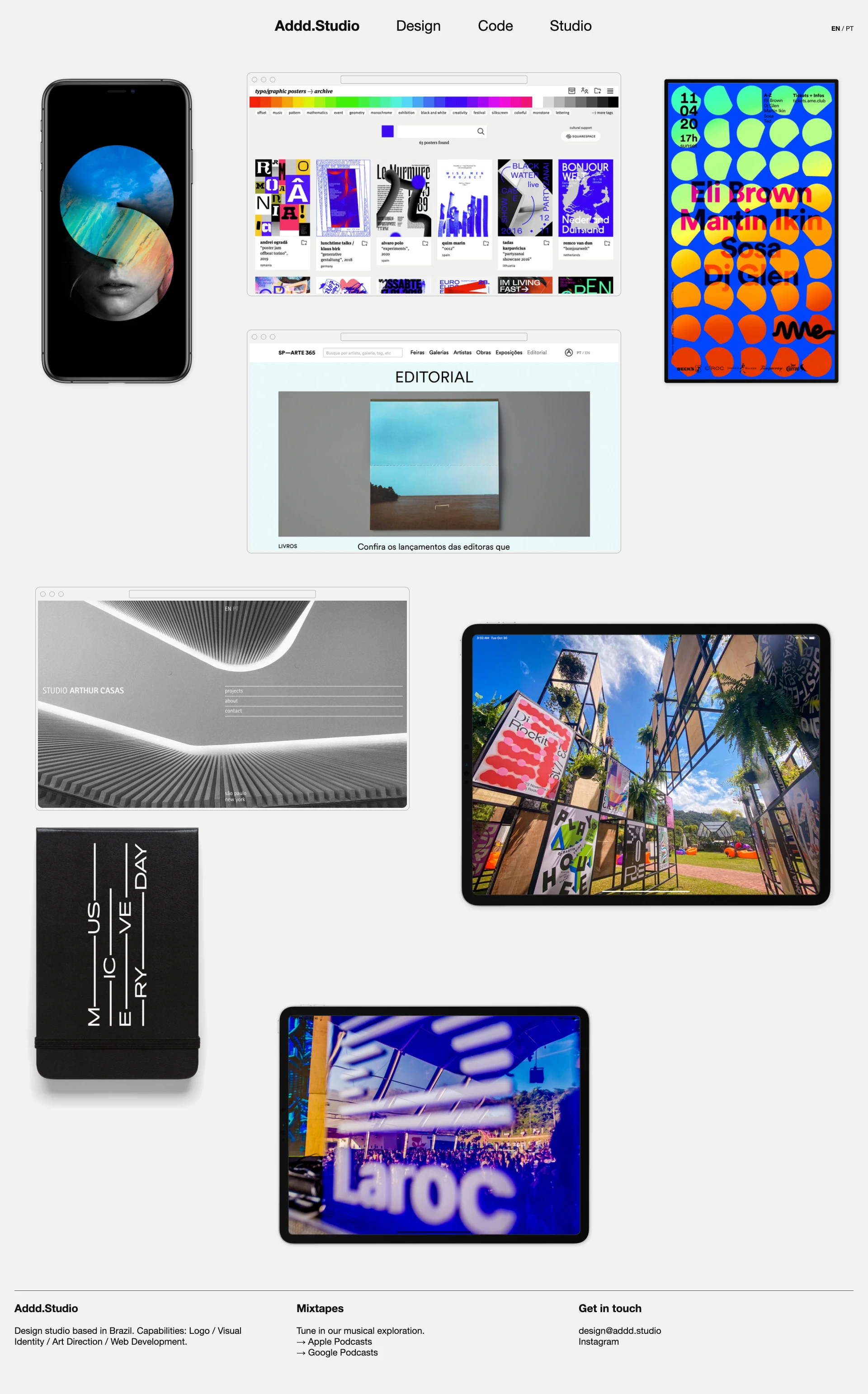 Addd.Studio Landing Page Example: Design studio based in Brazil. Capabilities: Logo / Visual Identity / Art Direction / Web Development.