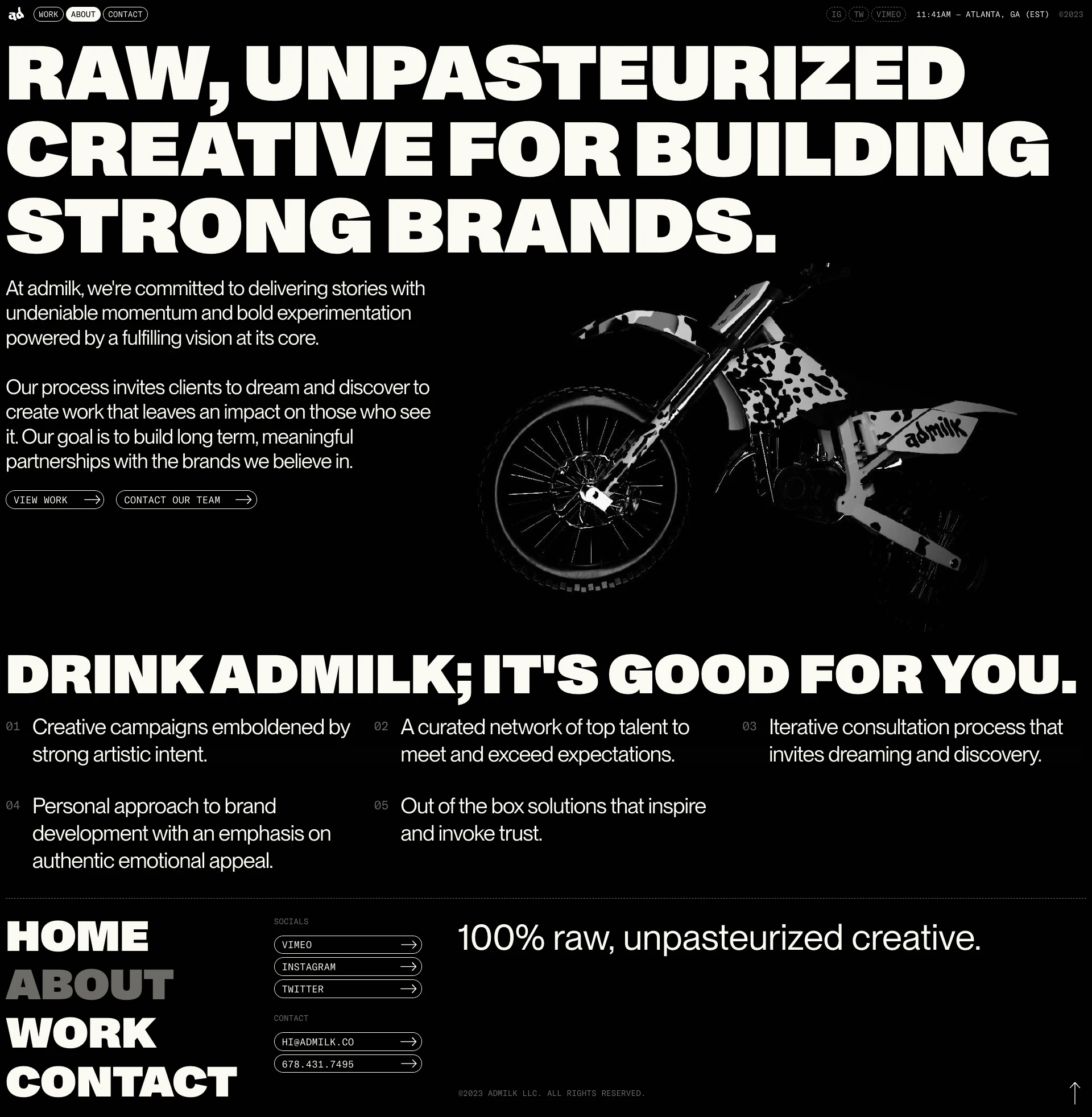 admilk Landing Page Example: At admilk, we're committed to delivering stories with undeniable momentum and bold experimentation powered by a fulfilling vision at its core.