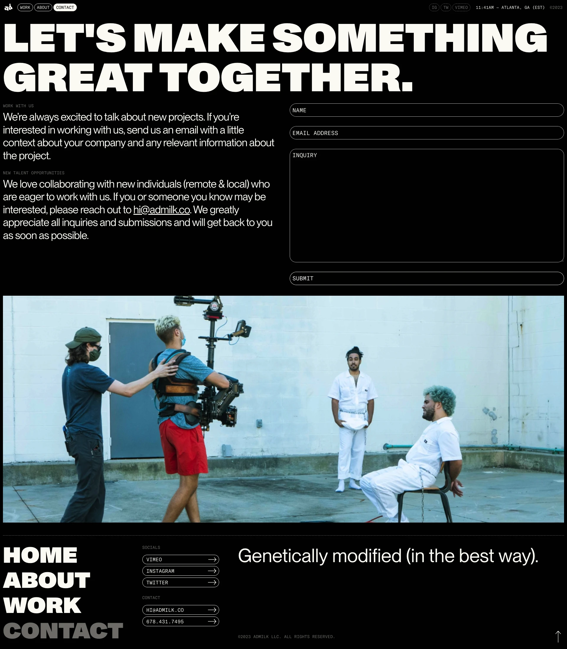 admilk Landing Page Example: At admilk, we're committed to delivering stories with undeniable momentum and bold experimentation powered by a fulfilling vision at its core.