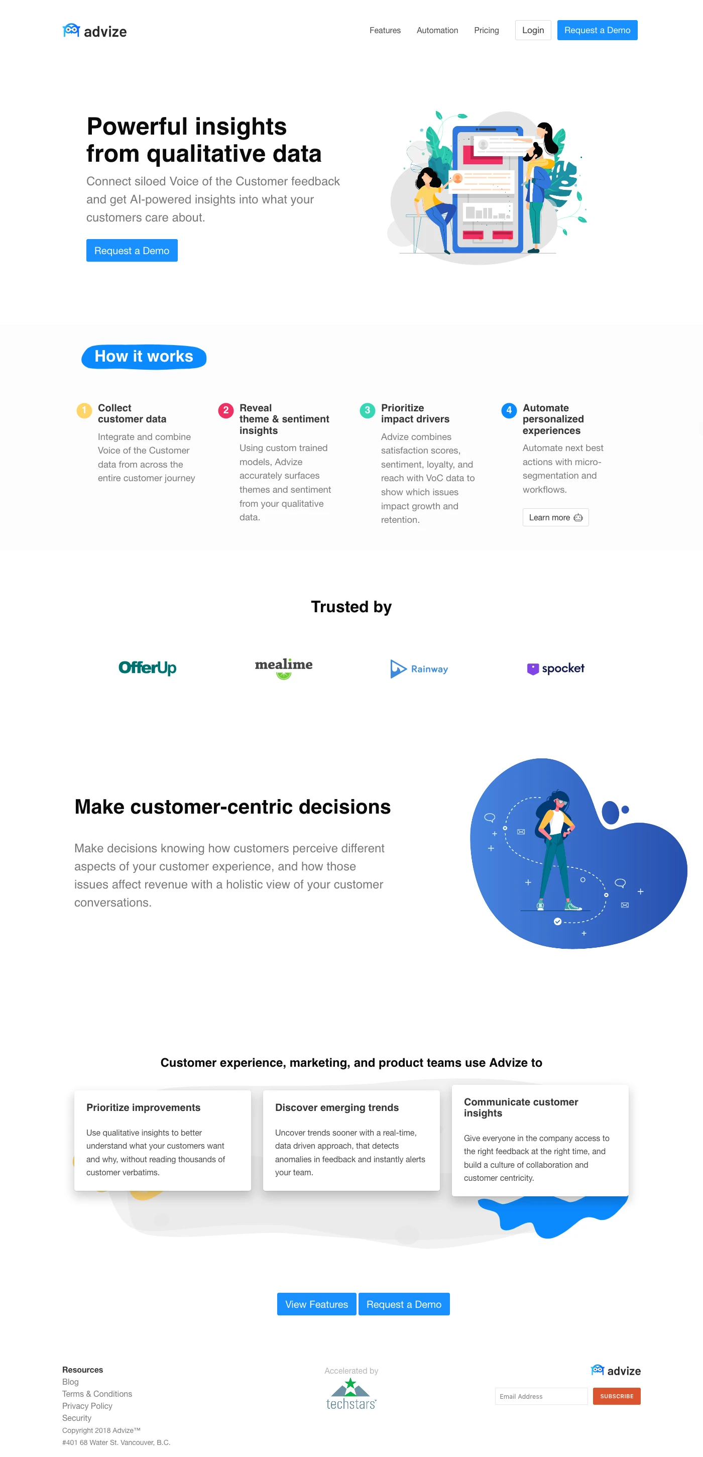 Advize.ai Landing Page Example: Connect siloed voice of the customer feedback and get AI-powered insights into what your customers care about.