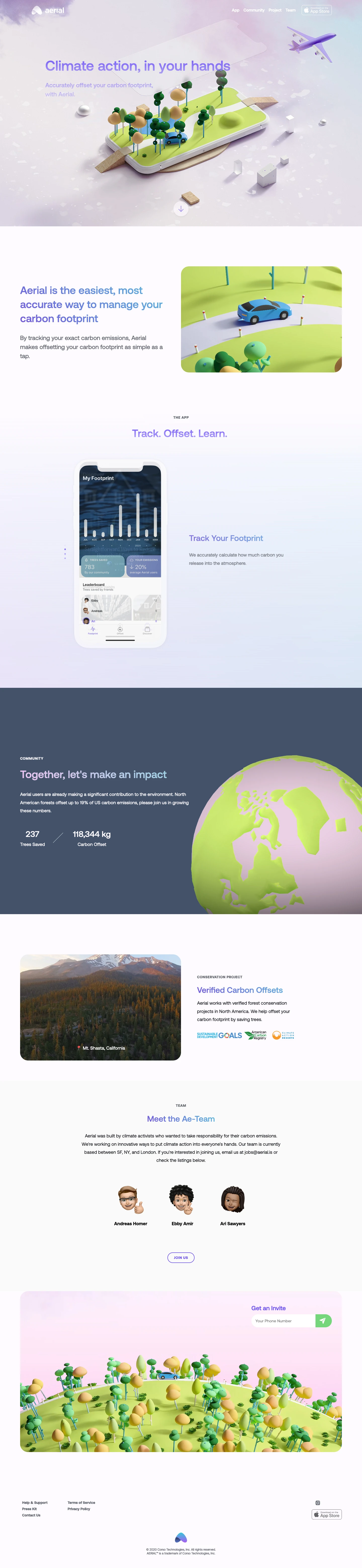 Aerial Landing Page Example: Track and offset your carbon footprint with Aerial for iPhone.