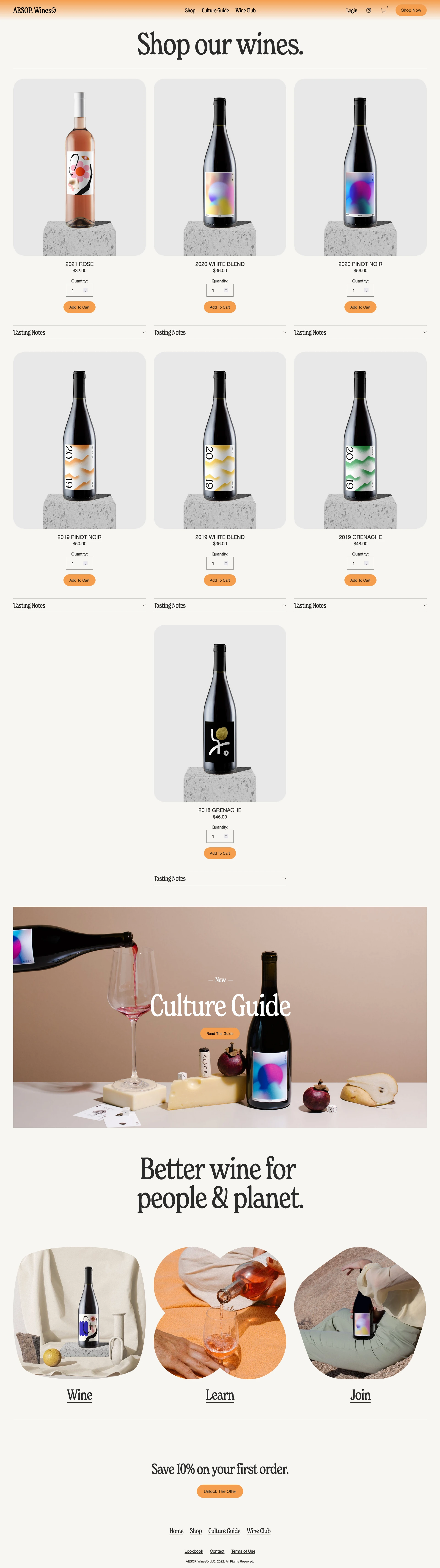 AESOP.Wines Landing Page Example: AESOP. Wines is an online winery making clean wine in California — with direct-to-door delivery.
