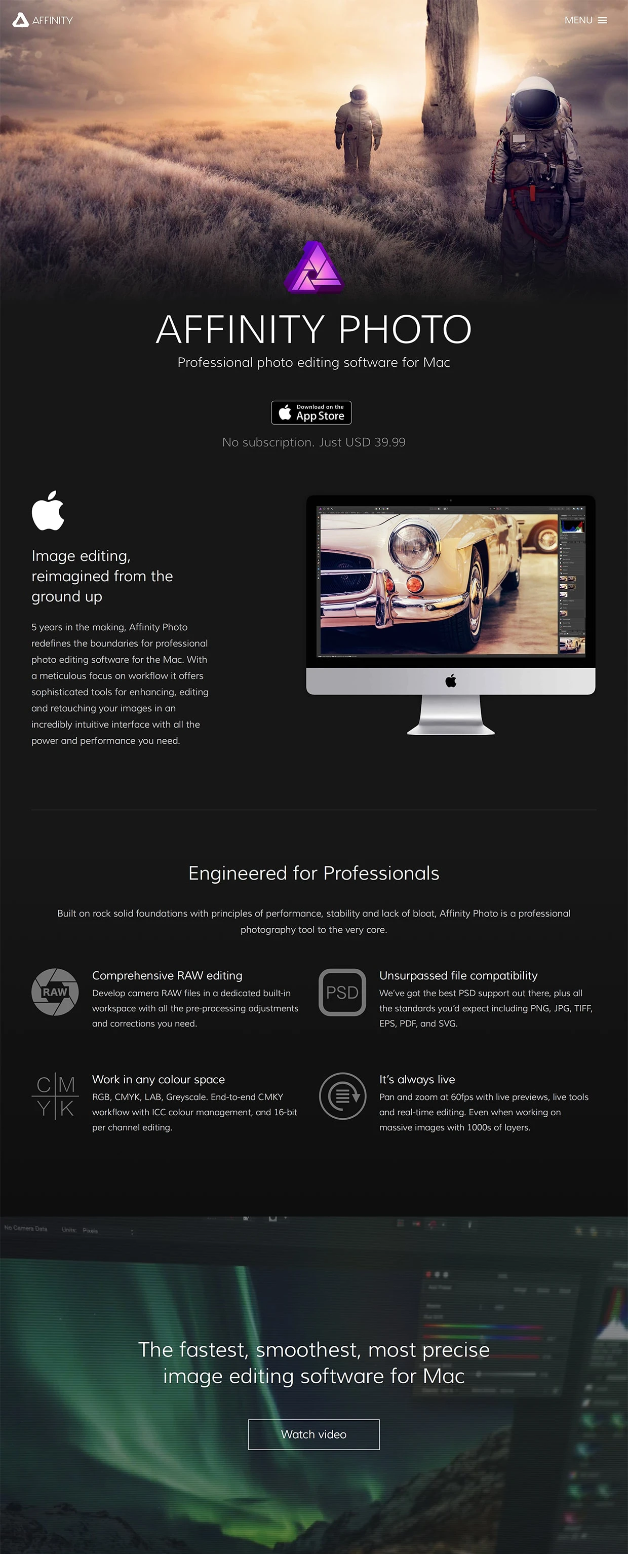 Affinity Photo Landing Page Example: Affinity Photo - the fastest, smoothest, most precise professional image editing software, exclusively for Mac.