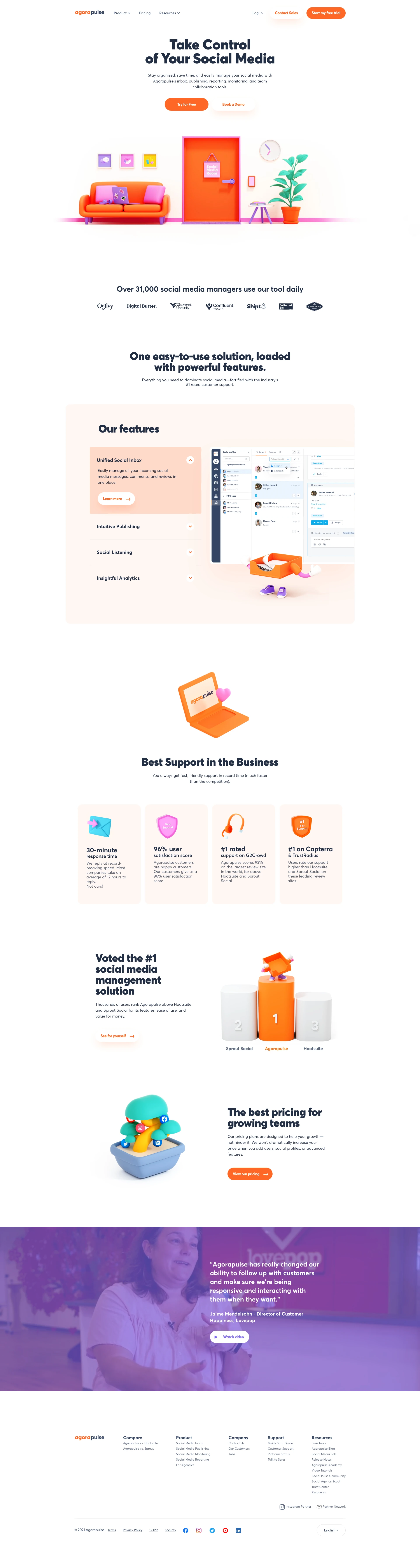 Agorapulse Landing Page Example: An easy to use Social Media Management Software that allows you to stay organized, save time, and easily manage your inbox, publishing, reporting, monitoring, and team collaboration tools.