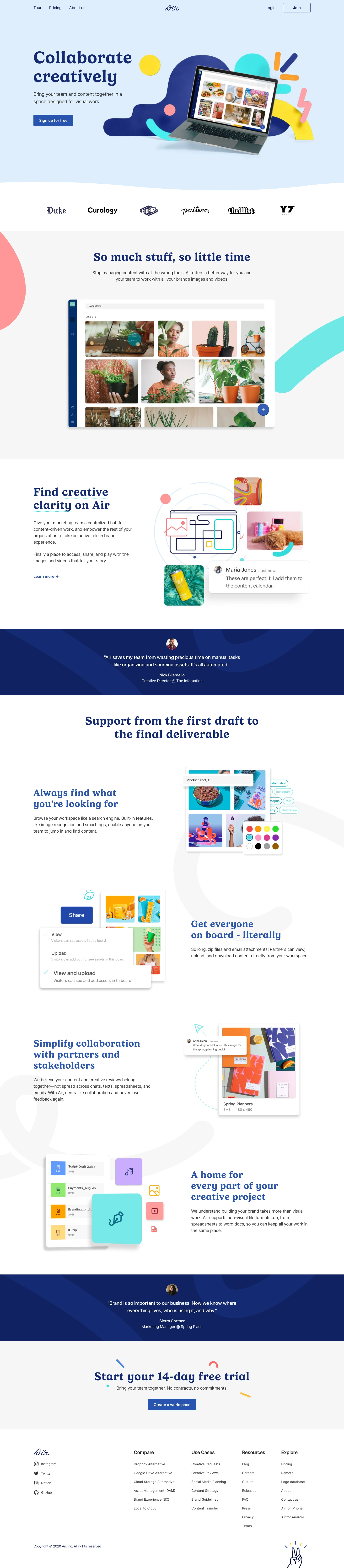 Air Landing Page Example: Collaborate creatively. Bring your team and content together in a space designed for visual work.