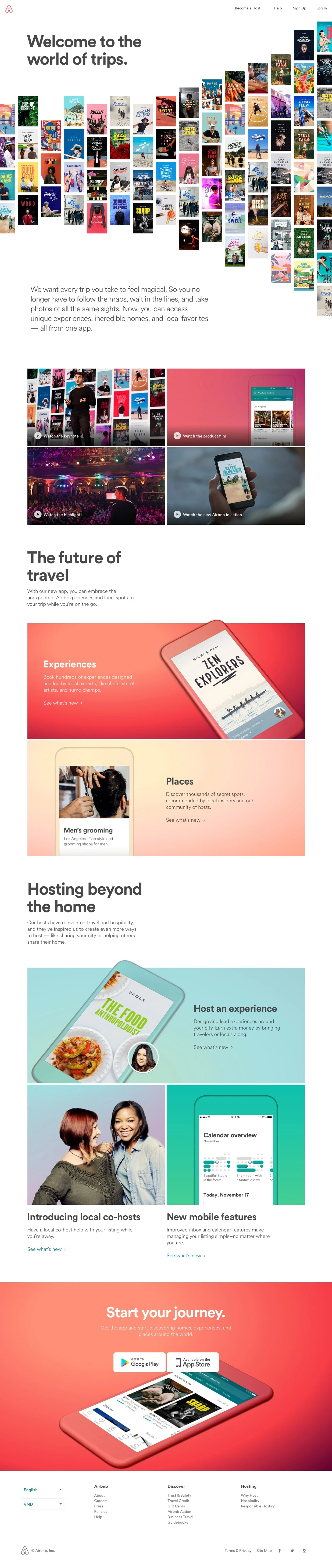Airbnb Landing Page Example: With our new app, you can embrace the unexpected. Add experiences and local spots to your trip while you’re on the go.