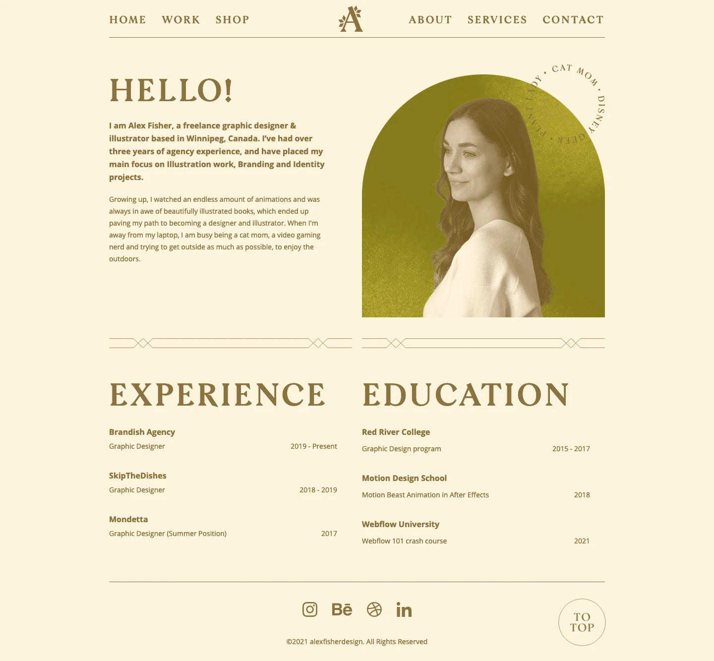 Alex Fisher Design Landing Page Example: I’m Alex Fisher, a freelance graphic designer & illustrator based in Winnipeg, Canada. I’ve had over three years of agency experience, and have placed my main focus on illustration work, branding and Identity projects.