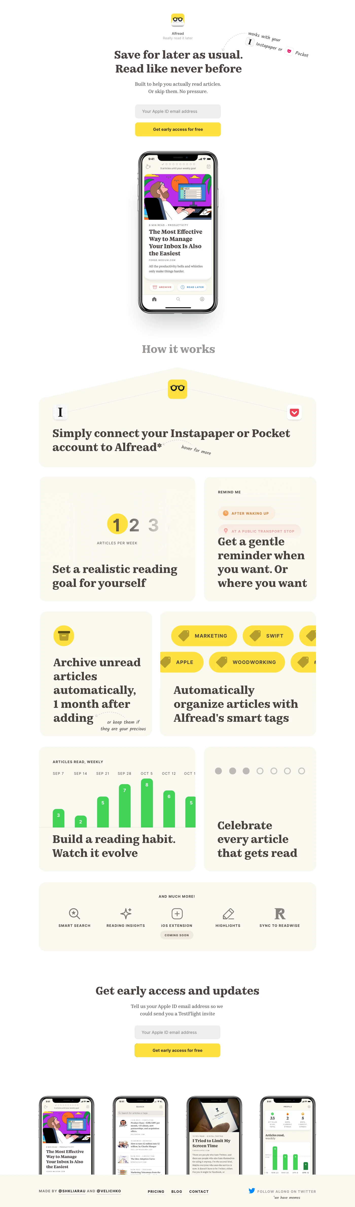Alfread Landing Page Example: Make a habit of actually reading saved articles from your Pocket or Instapaper. Or skip them. No pressure.