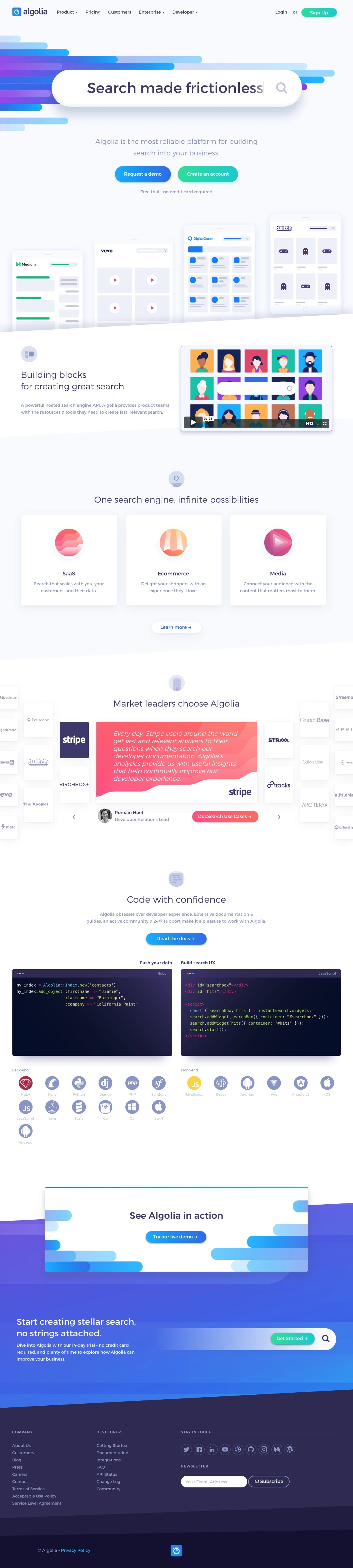 Algolia Landing Page Example: Algolia is the most reliable platform for building search into your business.