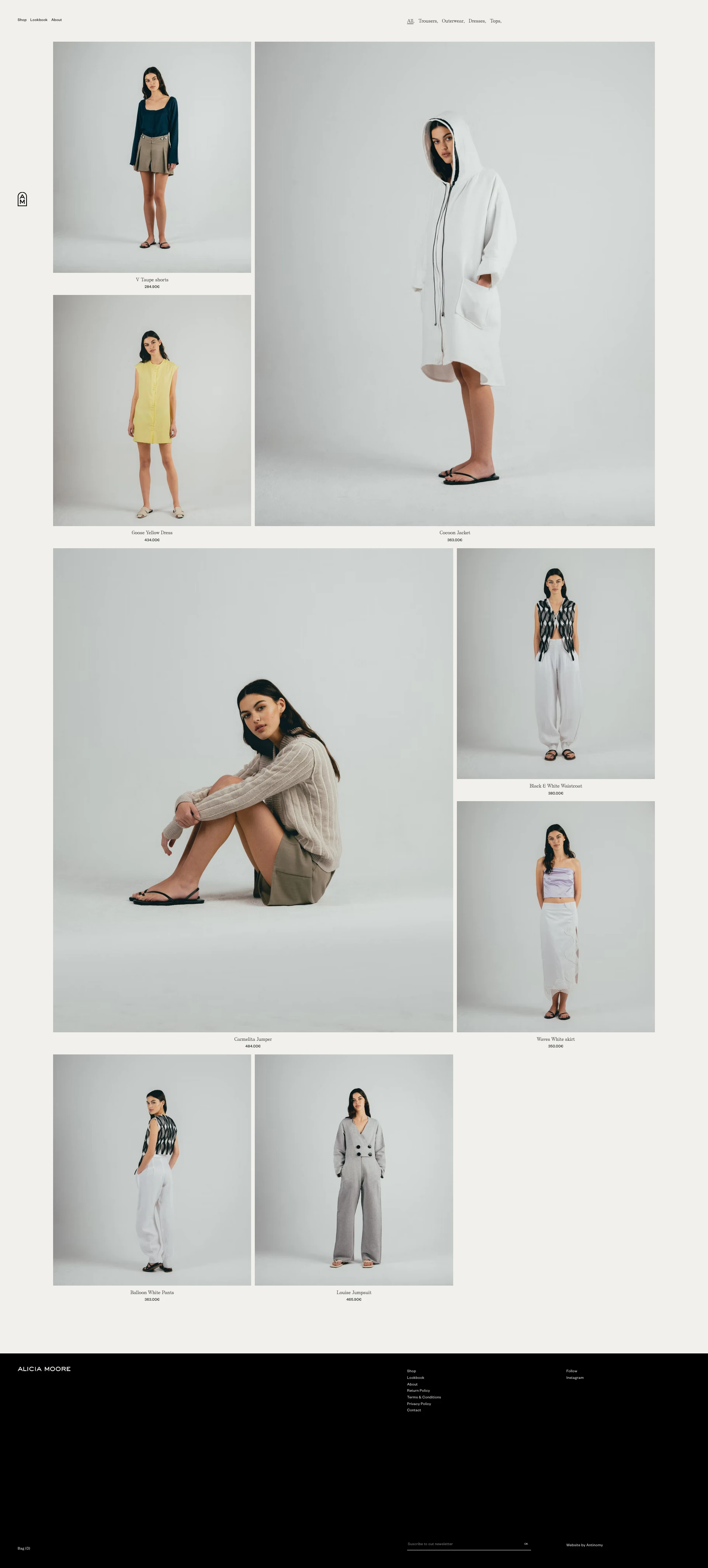 Alicia Moore Landing Page Example: ALICIA MOORE is a timeless brand for the modern female who loves to dress comfortable and bold with styles to match.