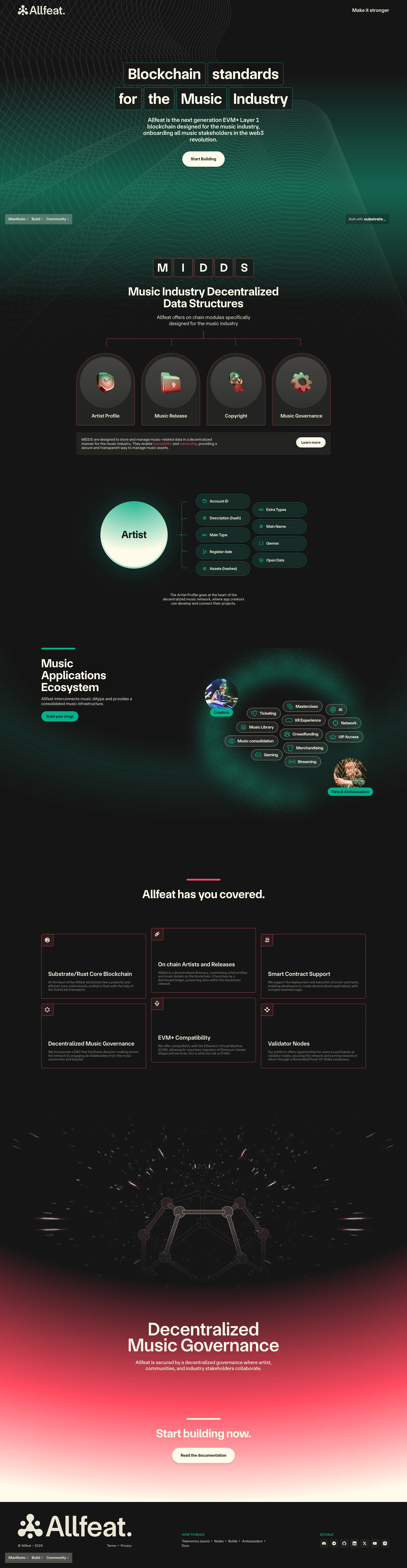 Allfeat Landing Page Example: Allfeat is the blockchain designed for the music industry, EVM+/Substrat infrastructure designed to secure transactions and artistic content through the MIDDS.
