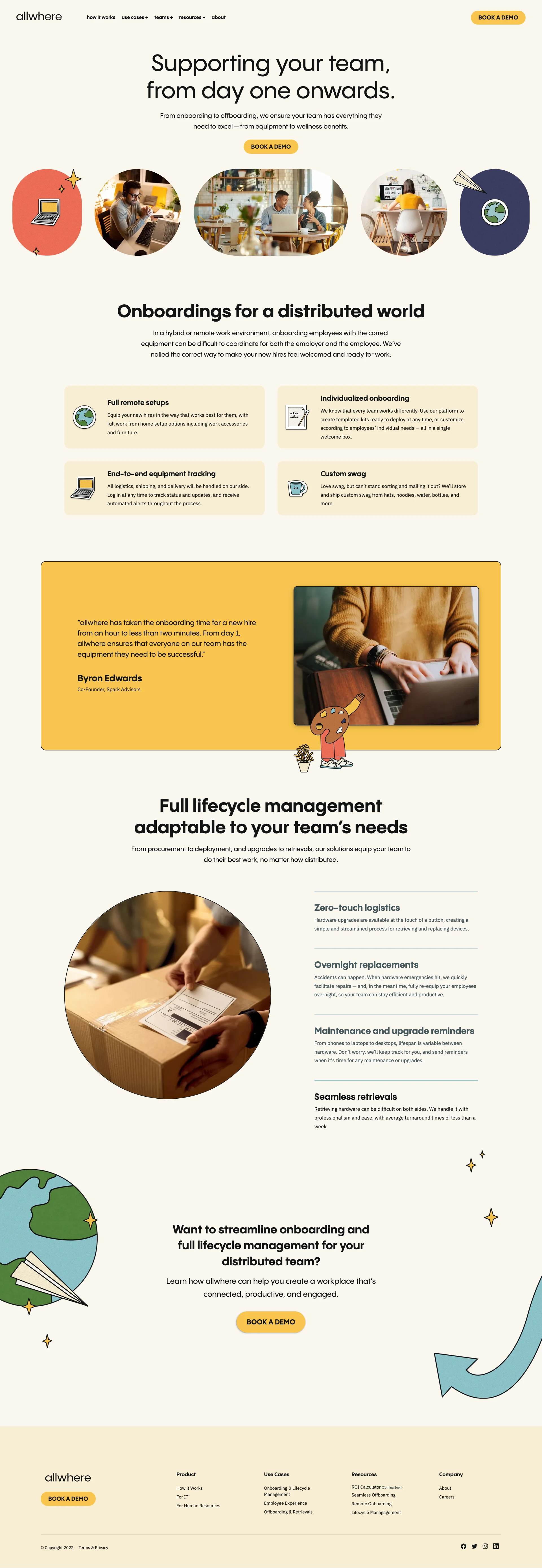 allwhere Landing Page Example: Remote Work Setups For Teams. Everything you need to work from anywhere. Save on time and cost by trusting allwhere with procurement, logistics, and deployment.