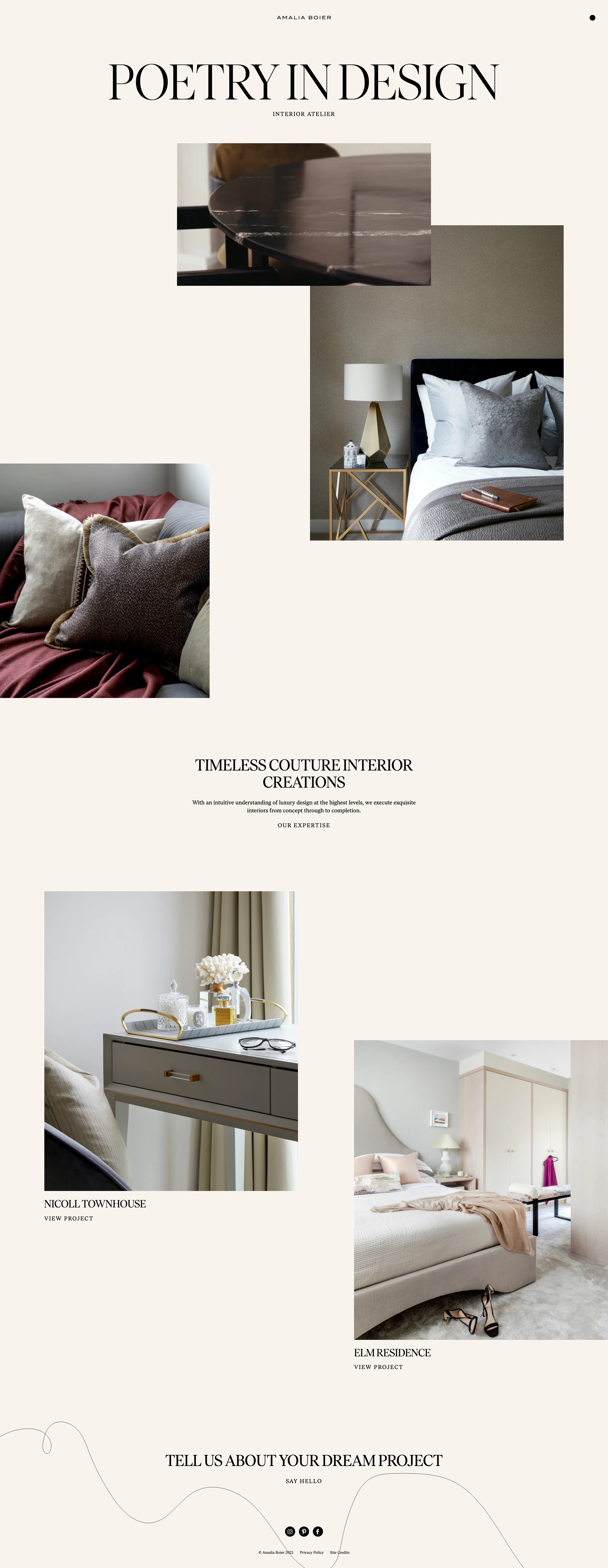 Amalia Boier Landing Page Example: A London-based interior designer with an intuitive understanding of luxury design at the highest levels, creating exquisite, couture interiors.