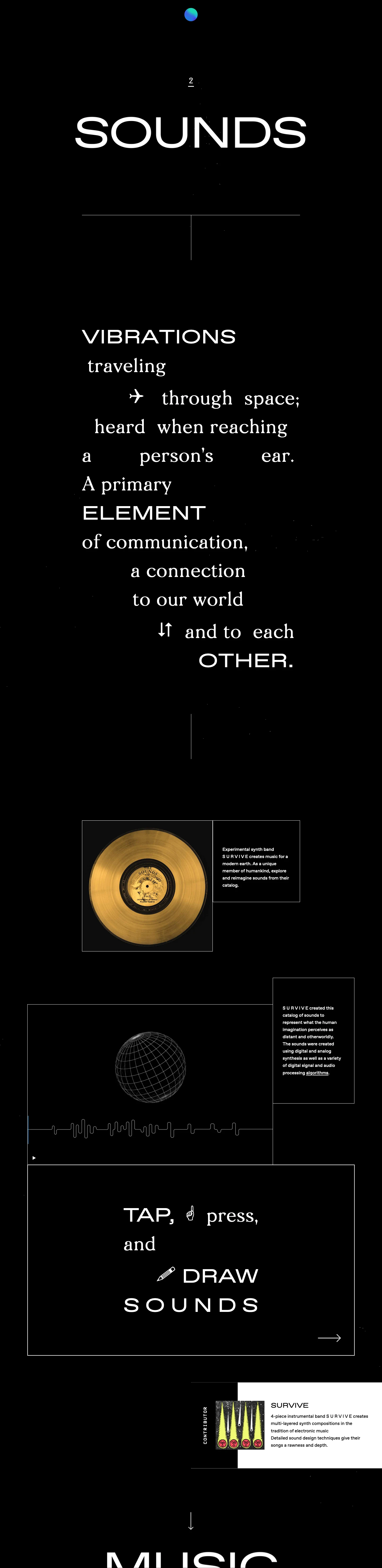 A Message from Earth Landing Page Example: A Message from Earth is a celebration of the Voyager Golden Record in its 40th year, featuring contributions from 40+ people influenced by the original.