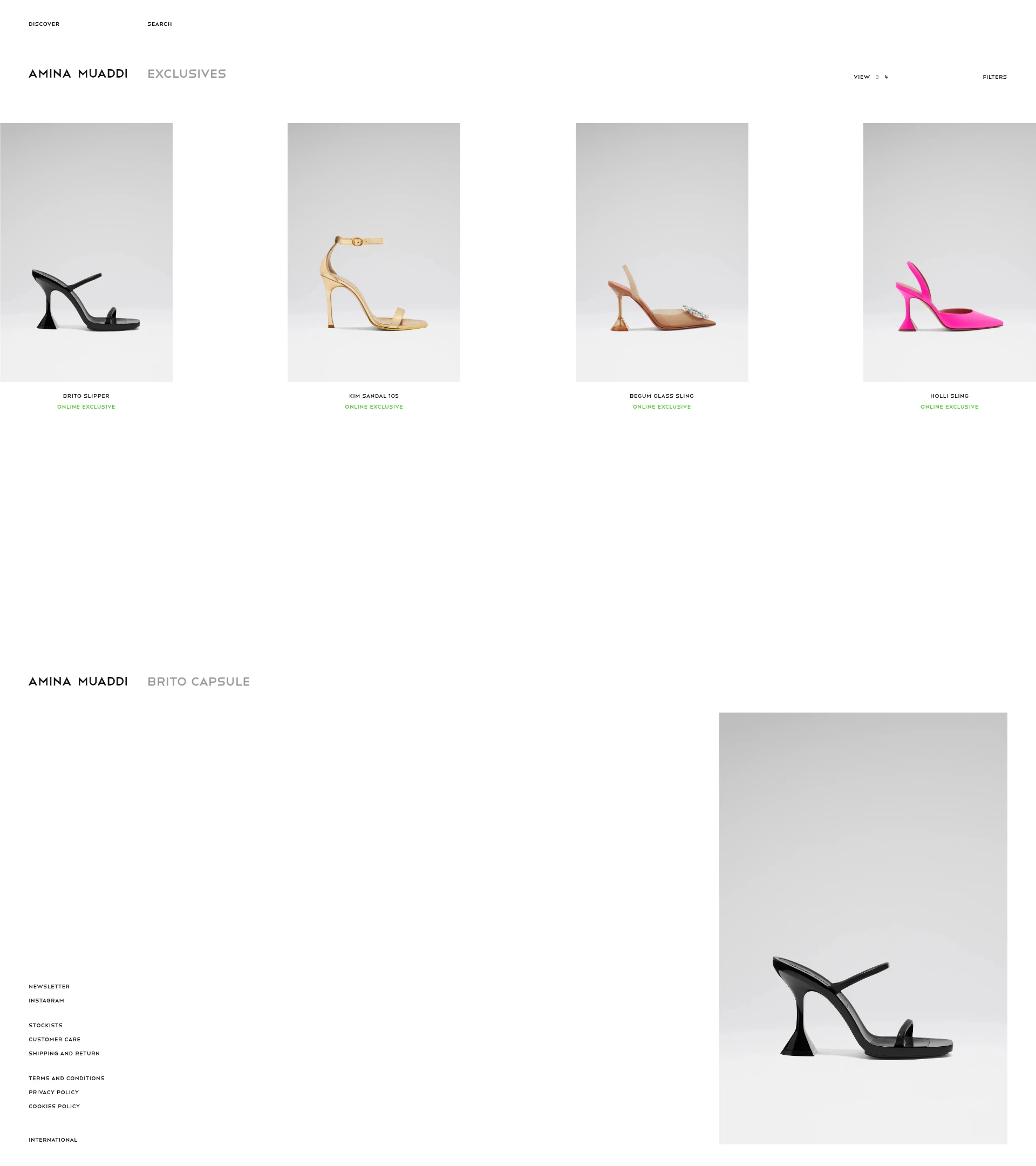 Amina Muaddi Landing Page Example: Discover and shop the collection of Amina Muaddi shoes, bags, and jewelry on the brand's official website. All products are designed in Paris and handcrafted in Italy. Enjoy complimentary international shipping and returns on all purchases.