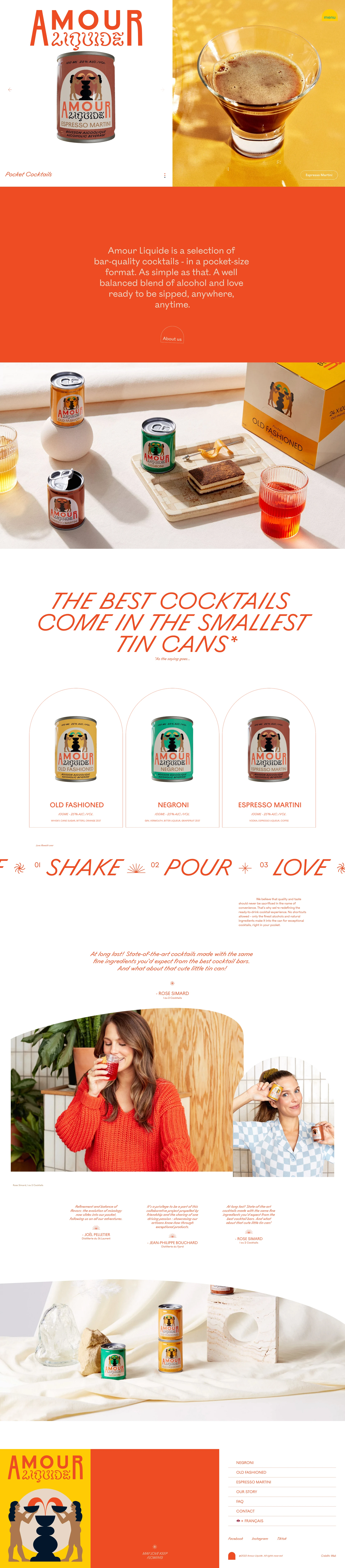 Amour Liquide Landing Page Example: Amour Liquide is a ready to drink (RTD) alcohol brand offering a selection of bar-quality cocktails - in a pocket-size format. Shake, Pour, Love.