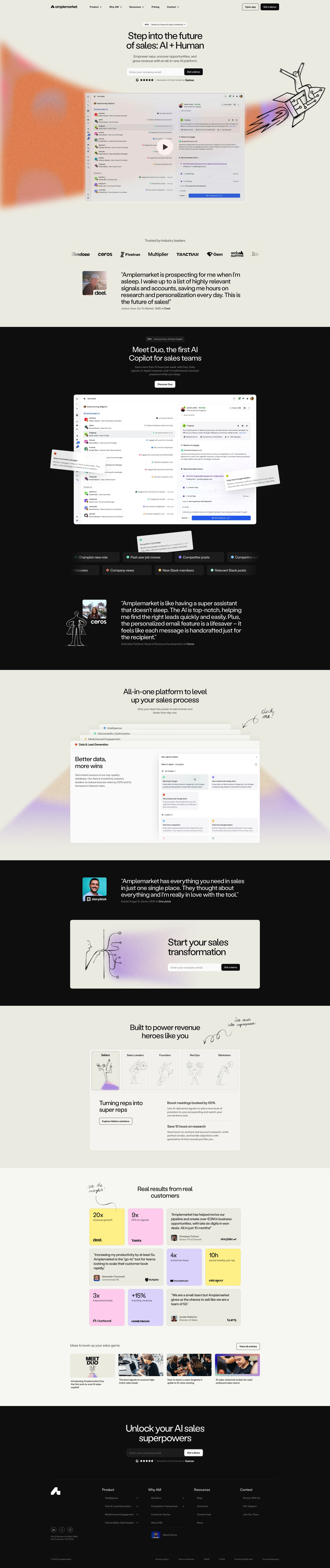 Amplemarket Landing Page Example: Transform your sales approach with AI. Supercharge your lead generation, automate prospecting, and boost revenue with Amplemarket's all-in-one AI copilot for sales. Get started today!