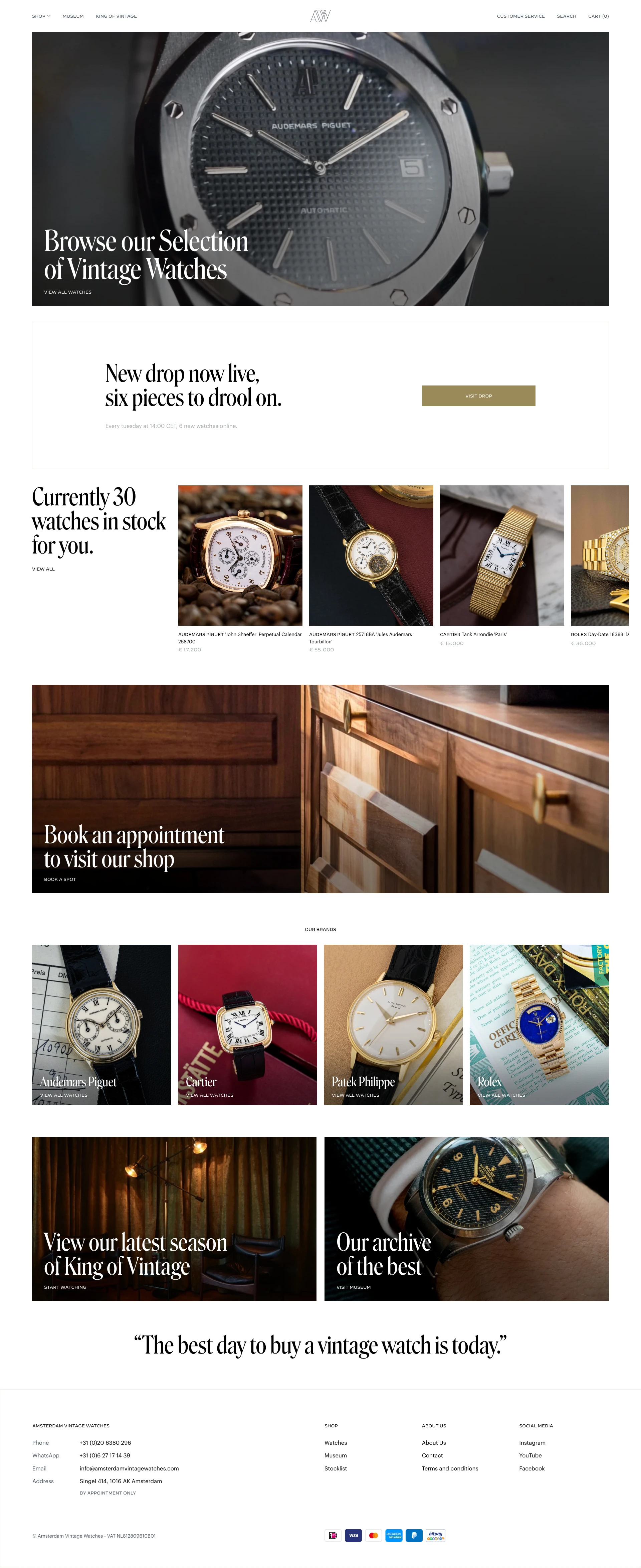 Amsterdam Vintage Watches Landing Page Example: We specialise in the trade of the worlds finest watches from Rolex, Patek Philippe, Audemars Piguet & Cartier.