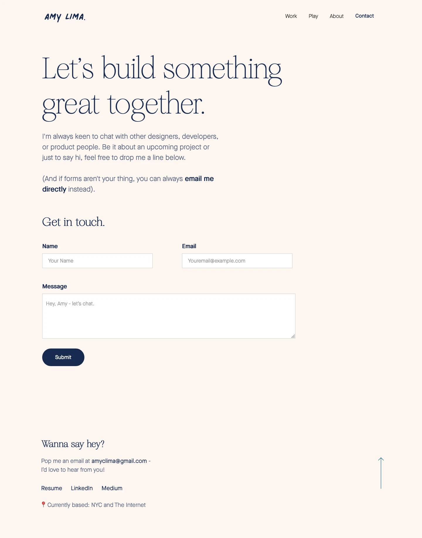 Amy Lima Landing Page Example: I'm a Product Designer and visual thinker passionate about humanizing tech experiences and creating scalable products for community and well being.