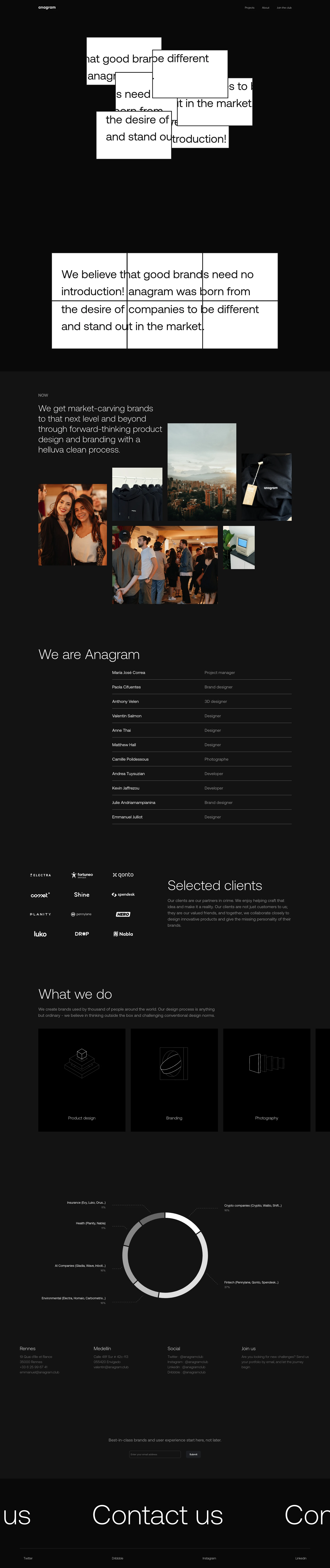 Anagram Club Landing Page Example: Shaping brands that need no introduction. We get market-carving brands to that next step and beyond through forward-thinking product design and a helluva clean process. And yes, we do branding too.
