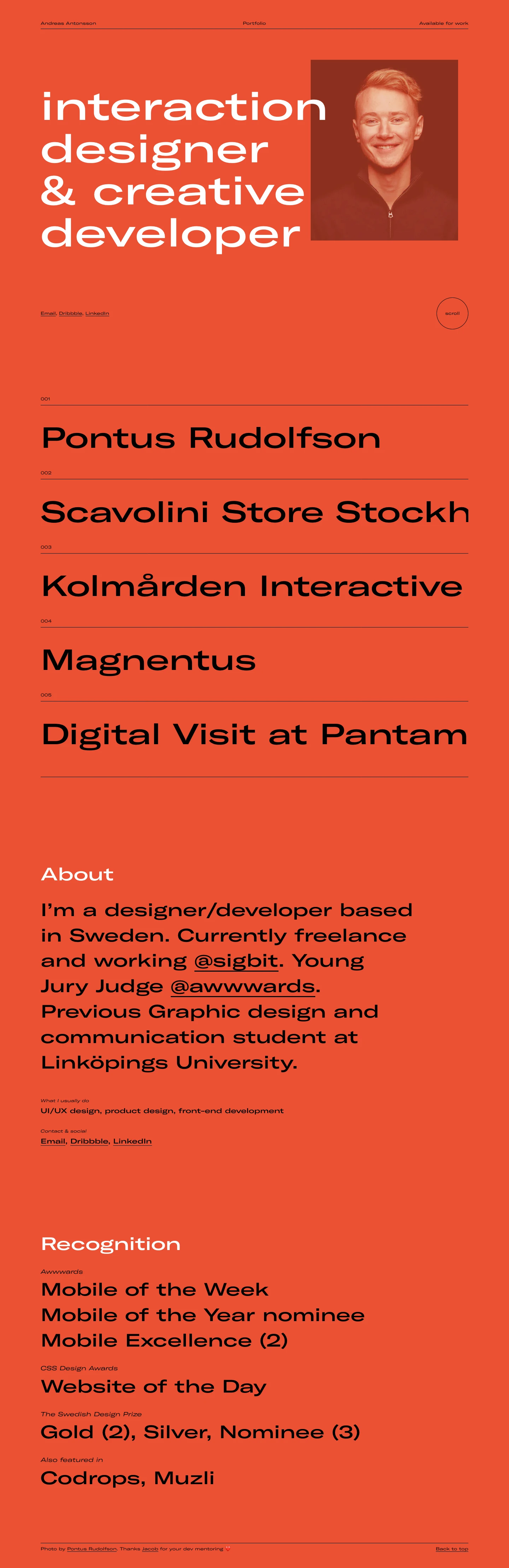 Andreas Antonsson Landing Page Example: Interaction Designer & Creative Developer