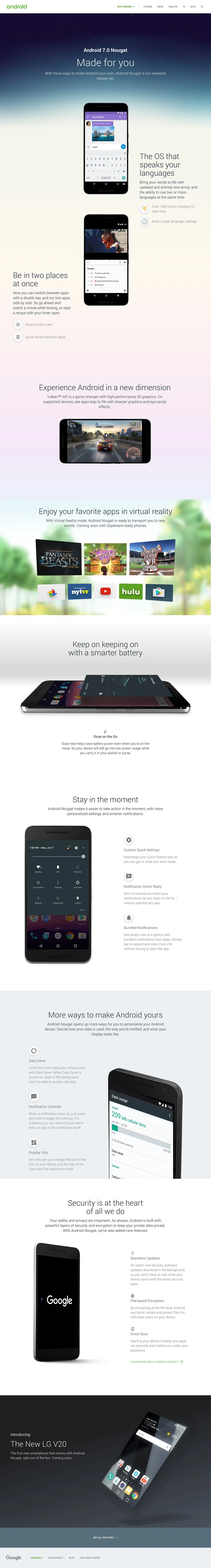 Android 7.0 Nougat Landing Page Example: With more ways to make Android your own, Android Nougat is our sweetest release yet.