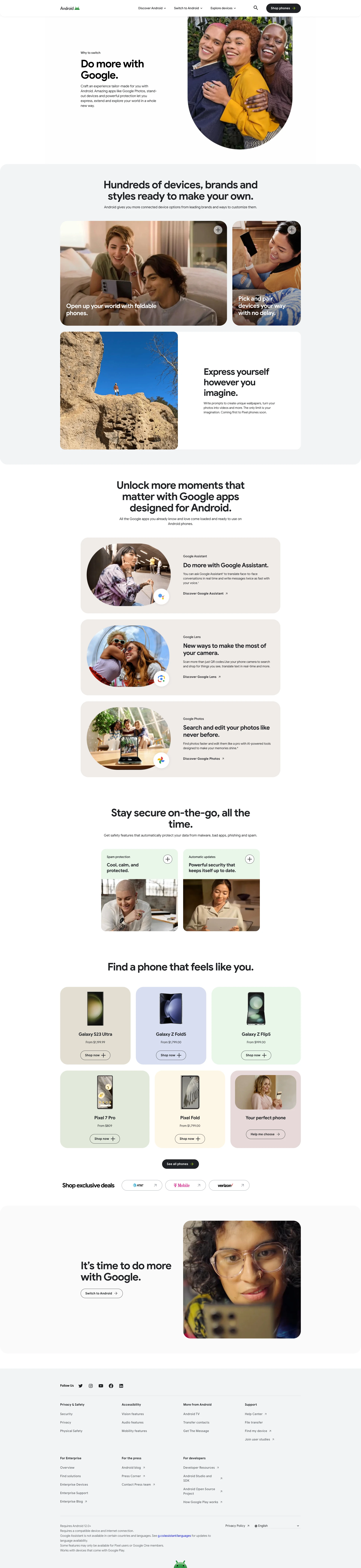 Android 14 Landing Page Example: Discover more about Android & learn how our devices can help you Do more with Google with hyper connectivity, powerful protection, & Google apps.