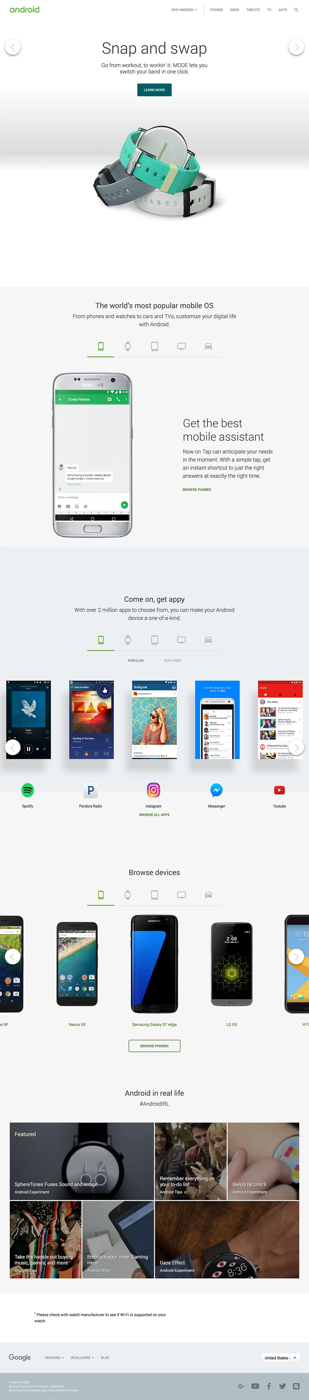 Android Landing Page Example: The world’s most popular mobile OS. From phones and watches to cars and TVs, customize your digital life with Android.