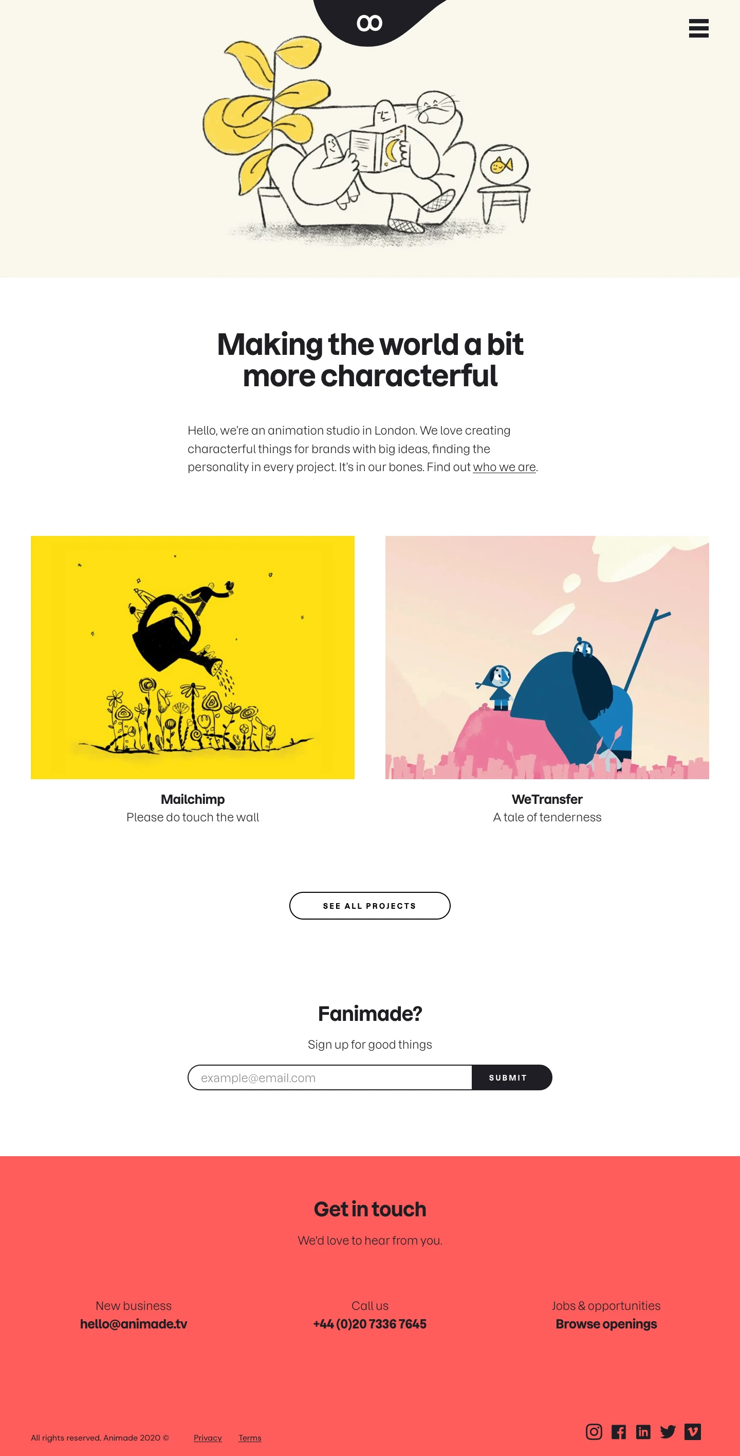 Animade Landing Page Example: Hello, we’re an animation studio in London. We love creating characterful things for brands with big ideas, finding the personality in every project. It’s in our bones. 