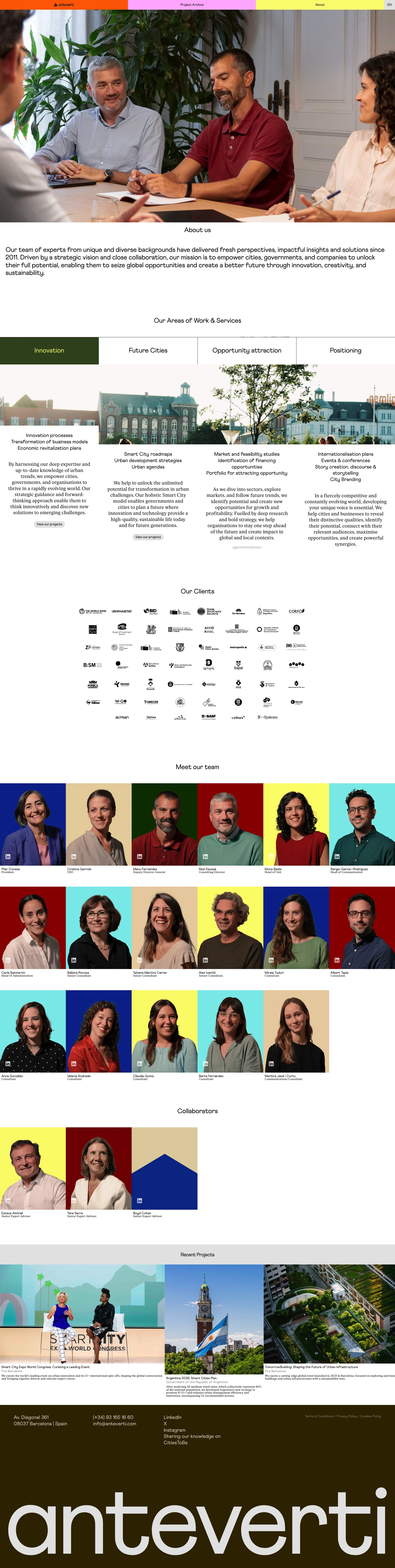Anteverti Landing Page Example: We help cities, governments, and companies harness innovation, sustainability, and creativity to unlock new opportunities.