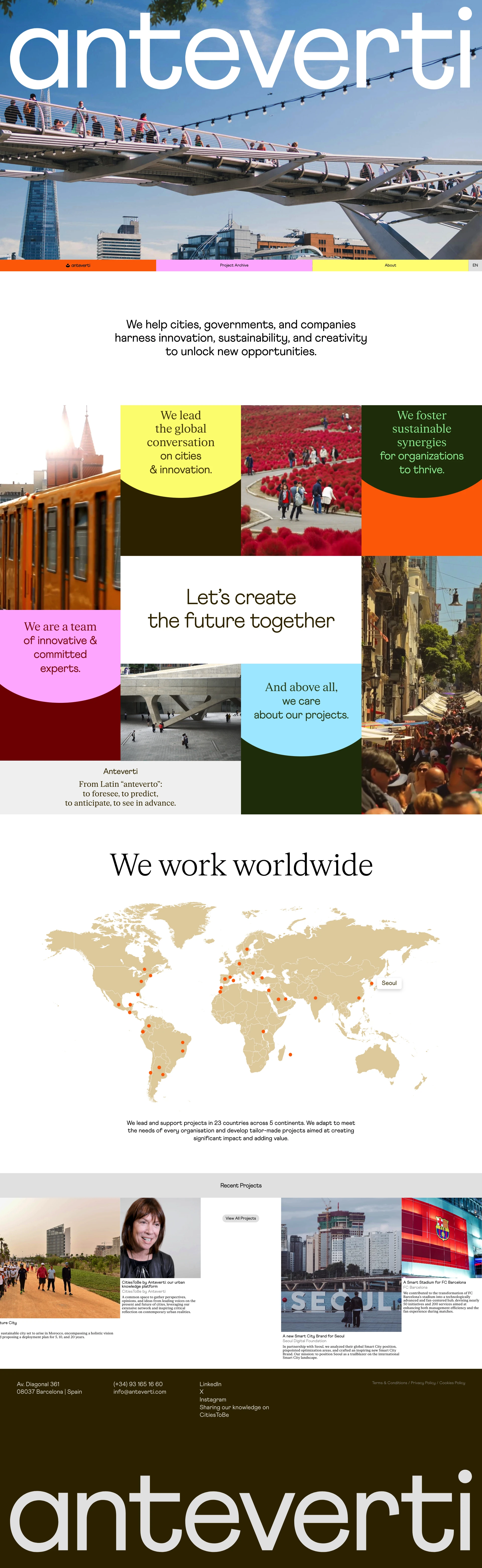 Anteverti Landing Page Example: We help cities, governments, and companies harness innovation, sustainability, and creativity to unlock new opportunities.