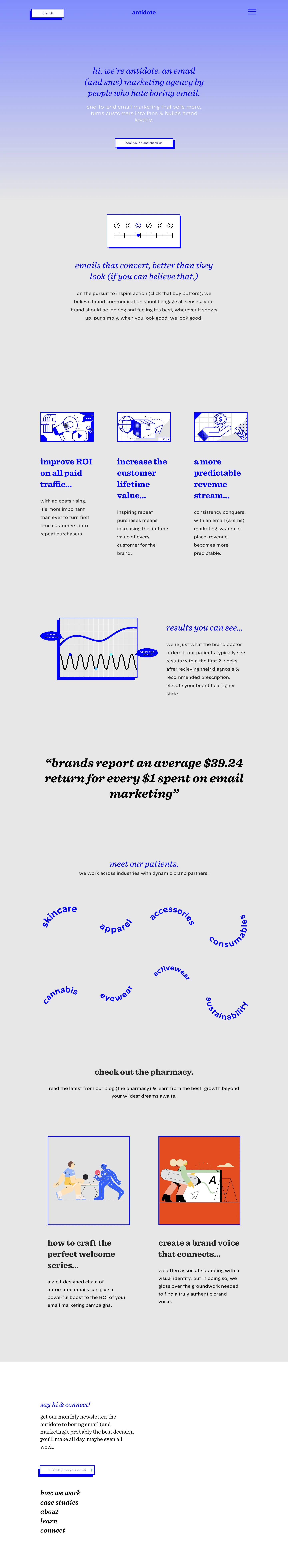 antidote Landing Page Example: We're antidote. An email (and sms) marketing agency by people who hate boring email.