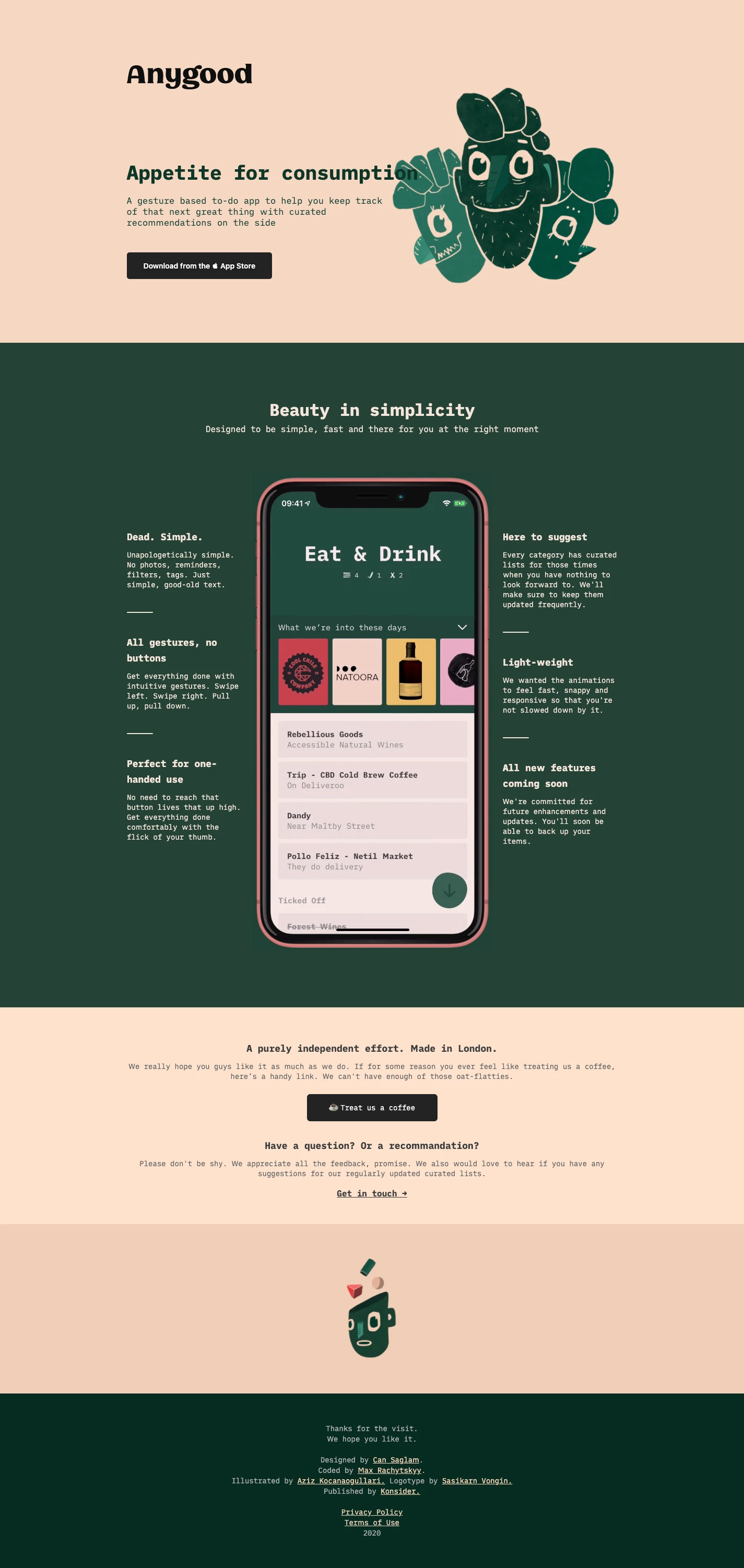 Anygood Landing Page Example: A gesture-based to-do app to help you keep track of that next great thing with curated recommendations on the side