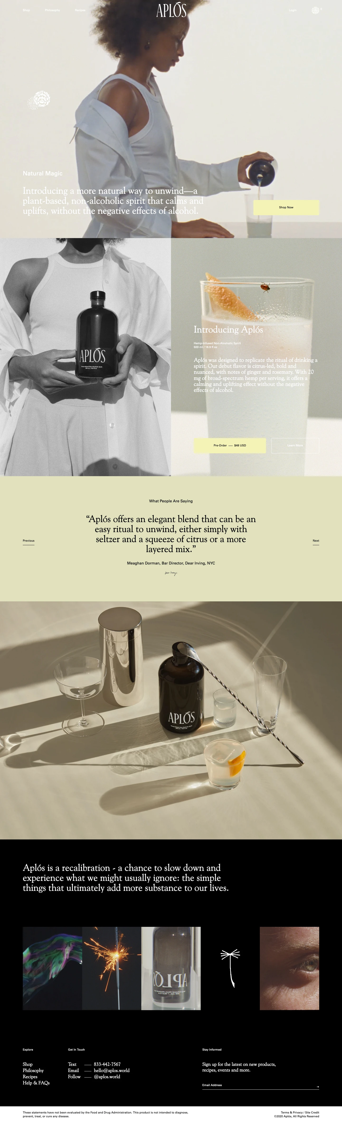 Aplós Landing Page Example: Aplós is a hemp-infused, non-alcoholic spirit that calms and uplifts without the negative effects of alcohol.