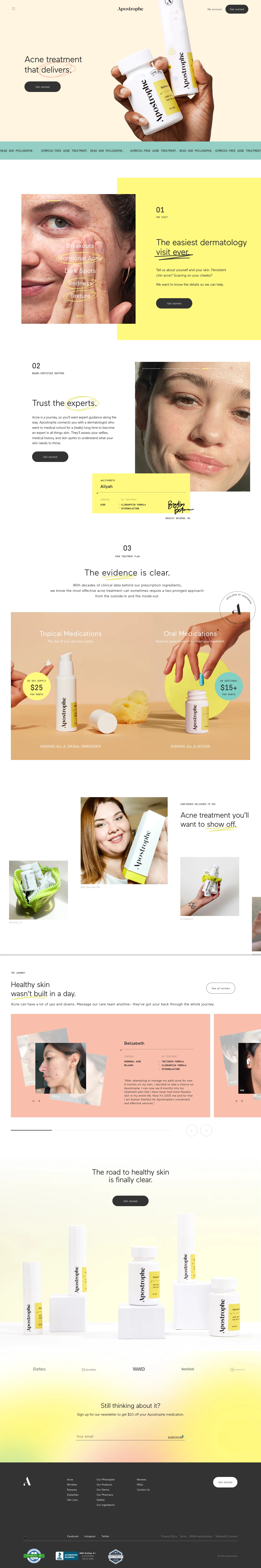 Apostrophe Landing Page Example: Get prescription treatment for your breakouts, scars, redness, and hyperpigmentation.