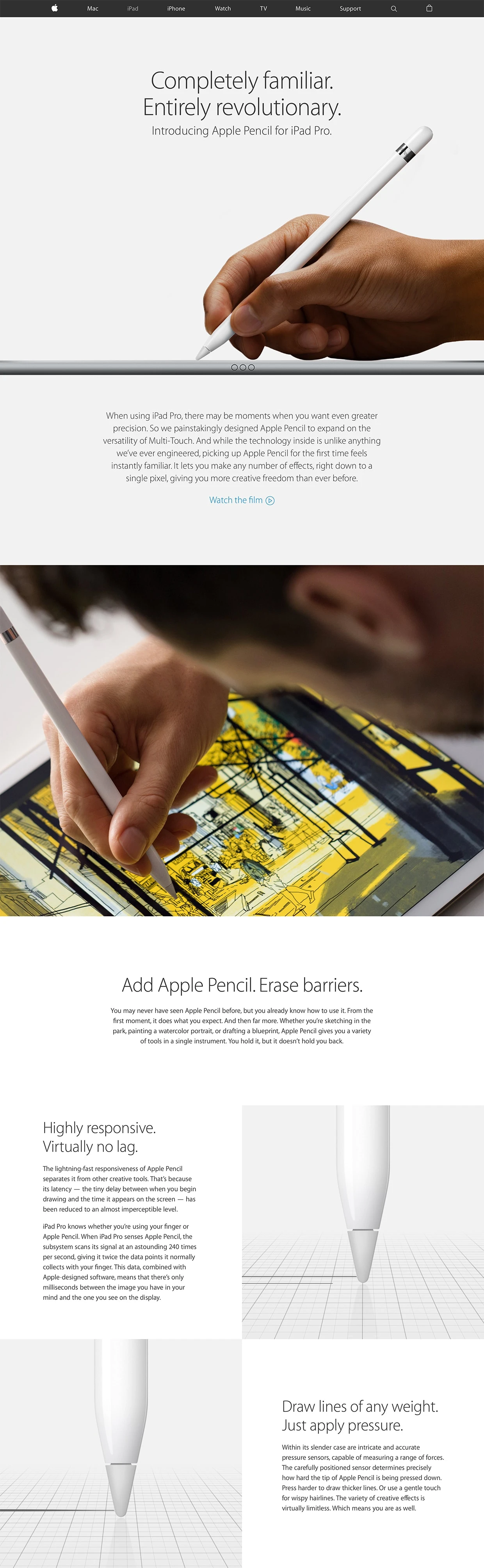 Apple Pencil Landing Page Example: Apple Pencil for iPad Pro. Completely familiar. Entirely revolutionary.