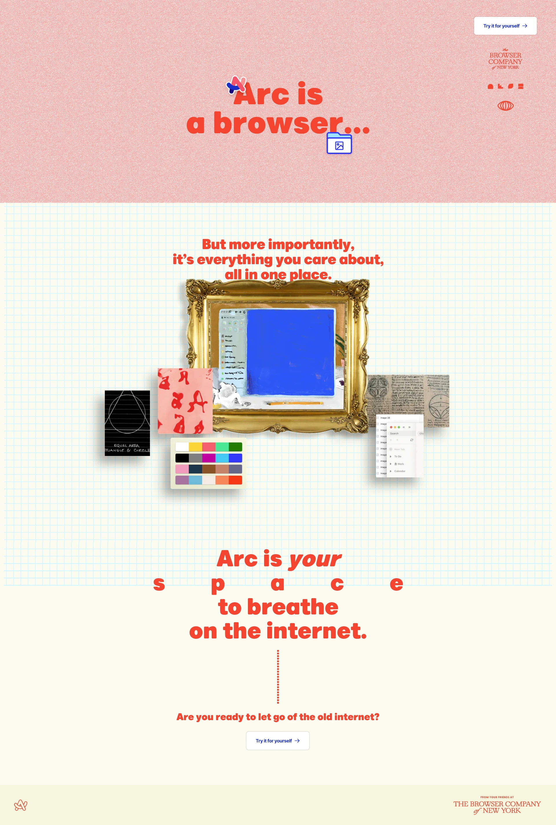 Arc Landing Page Example: Experience a calmer, more personal internet in this browser designed for you. Let go of the clicks, the clutter, the distractions.